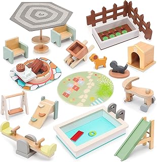 HAPGFS Wooden Doll House Furniture and Accessories Outdoor Play Set for Kids- Includes Slide, Swing, BBQ Grill, Pool & Garden - Perfect Doll House Decor Gift for Children 3-6 Years Birthday Christmas