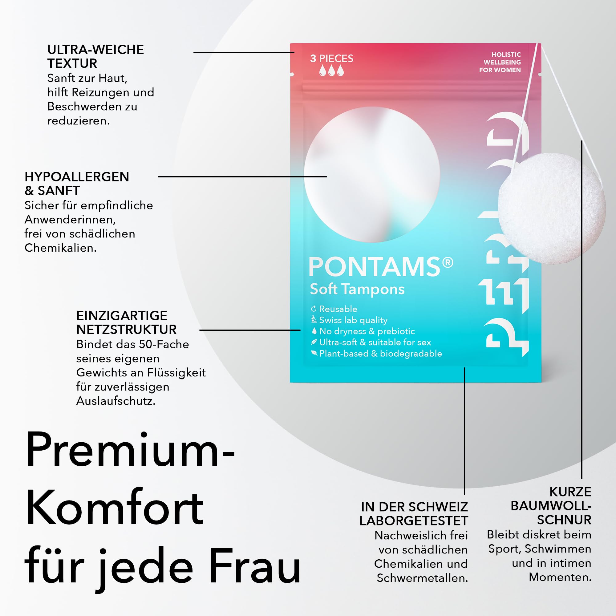 PERIOD PONTAMS Soft-Tampons für Frauen – 3 Tage wiederverwendbare und kompostierbare Tampons – Unterstützung des probiotischen Gleichgewichts – Ultraweich, auf pflanzlicher Basis, 12 Stück