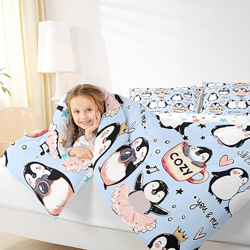 Miniatura 3 de Manfei Juego de edredón de pingüinos de dibujos animados para niños, tamaño King, bonito juego de ropa de cama de animales árticos, decoración de