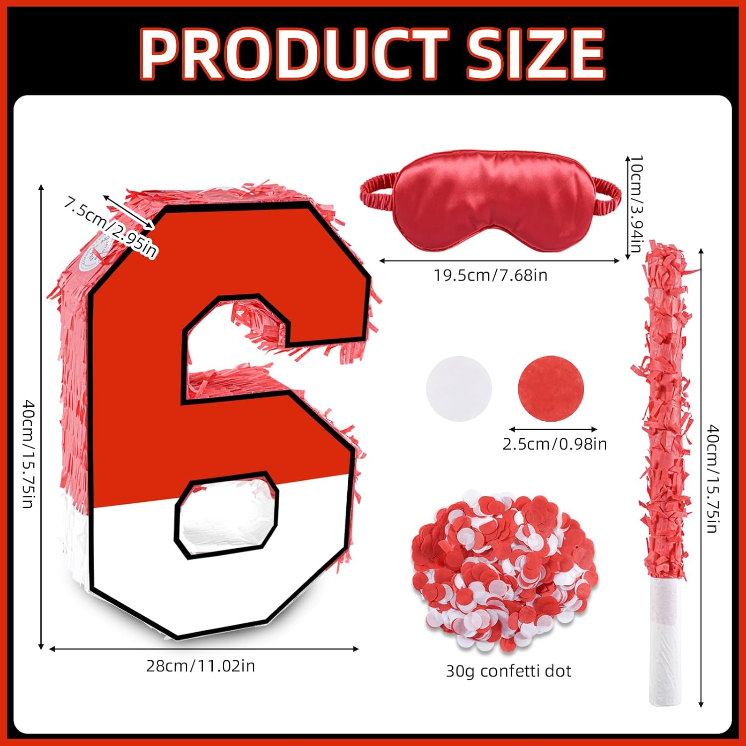 16 Inch Red and White Number 6 Pinata, Birthday Pinata with 16 Inch Piñata Stick Blindfold Confetti for Kids 6th Birthday Party Decorations