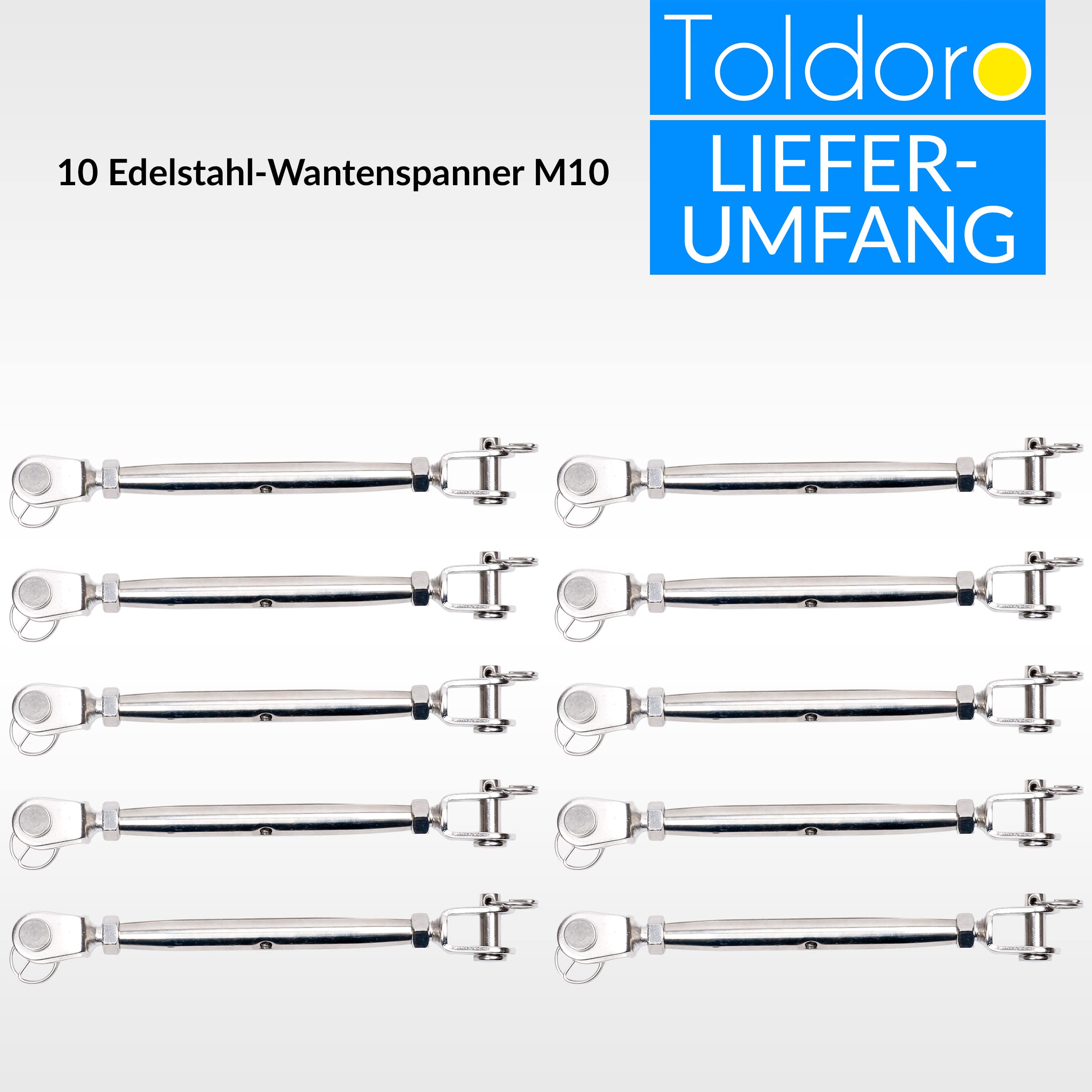 Toldoro 10 Stück M10 Wantenspanner Edelstahl rostfrei V4A / Sonnensegel Spanner, Spannschloss, Seilspanner, Drahtspanner Gabel als Sonnensegel Zubehör/geschlossene Form