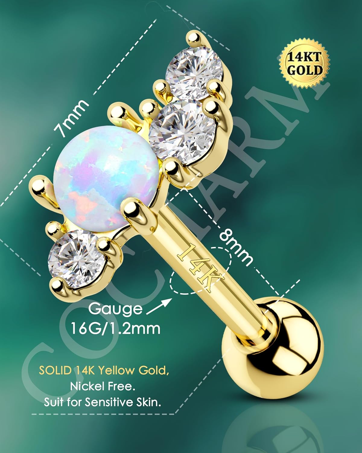 COCHARM 14K Solid Gold Helix Earring Stud 16g Yellow Gold Cartilage Tragus Piercing White Opal Climb Conch Jewelry 6mm 8mm, Real Gold Helix Piercing Jewelry for Women