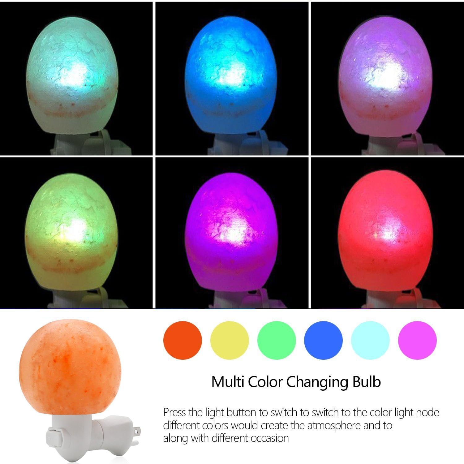 Salt Lamp Natural Himalayan Crystal Rock Salt Light Mini Hand Carved Night Light with UL-Approved Wall Plug Incandescent Bulb and Multi Color LED Changing Bulb for Home, Bedroom, Air Purifying Sphere
