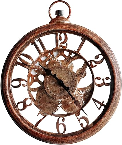 Reloj de pared decorativo retro con números romanos industriales, diseño 3D, color metálico óxido de 17 pulgadas, reloj silencioso para salas de