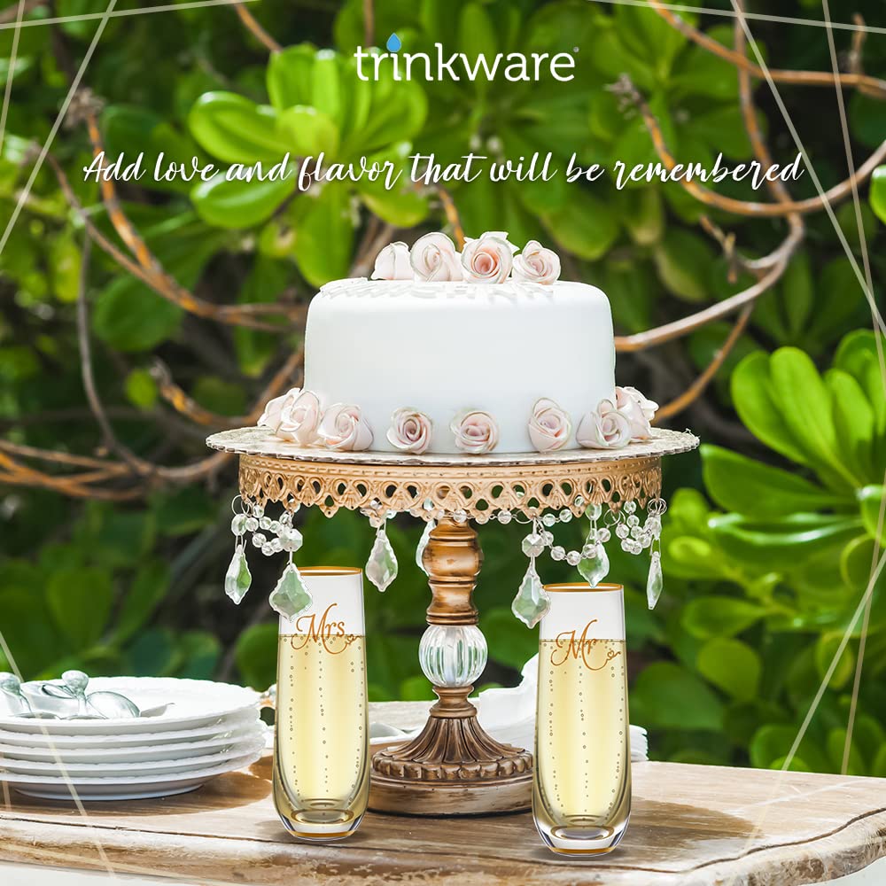 Lot de 2 flûtes à champagne sans pied avec bord doré et base – Cadeau de mariage pour mariée et marié – Cadeau de mariée – Cadeau de mariée – Cadeau Mr et Mrs