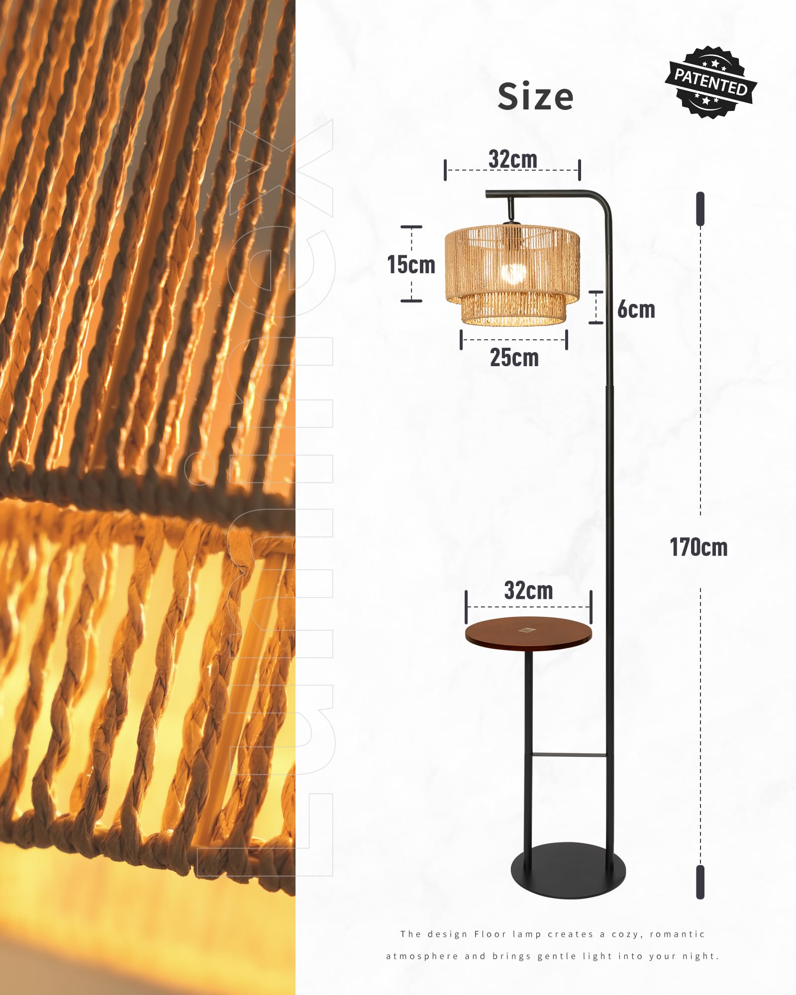 Stehlampe Wohnzimmer Rattan mit Ablage – Vintage Stehleuchte, E27 Standlampe Boho mit Verstellbar Lampenkopf, 3 Farbtemperaturen per Fußschalter, H170cm für Schlafzimmer WOVI FL12
