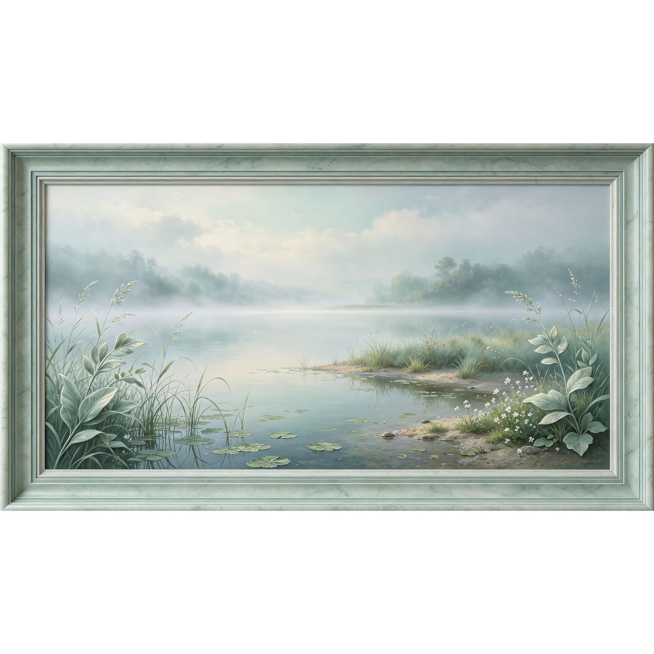 QZLITHOTIC 50x90cm3D Framed Wall Art， Misty Lake Landscape Botanical Self‑Adhesive Mural， Water‑Activated Peel & Stick Fabric Decor Wall Decal for Bedroom Living Room