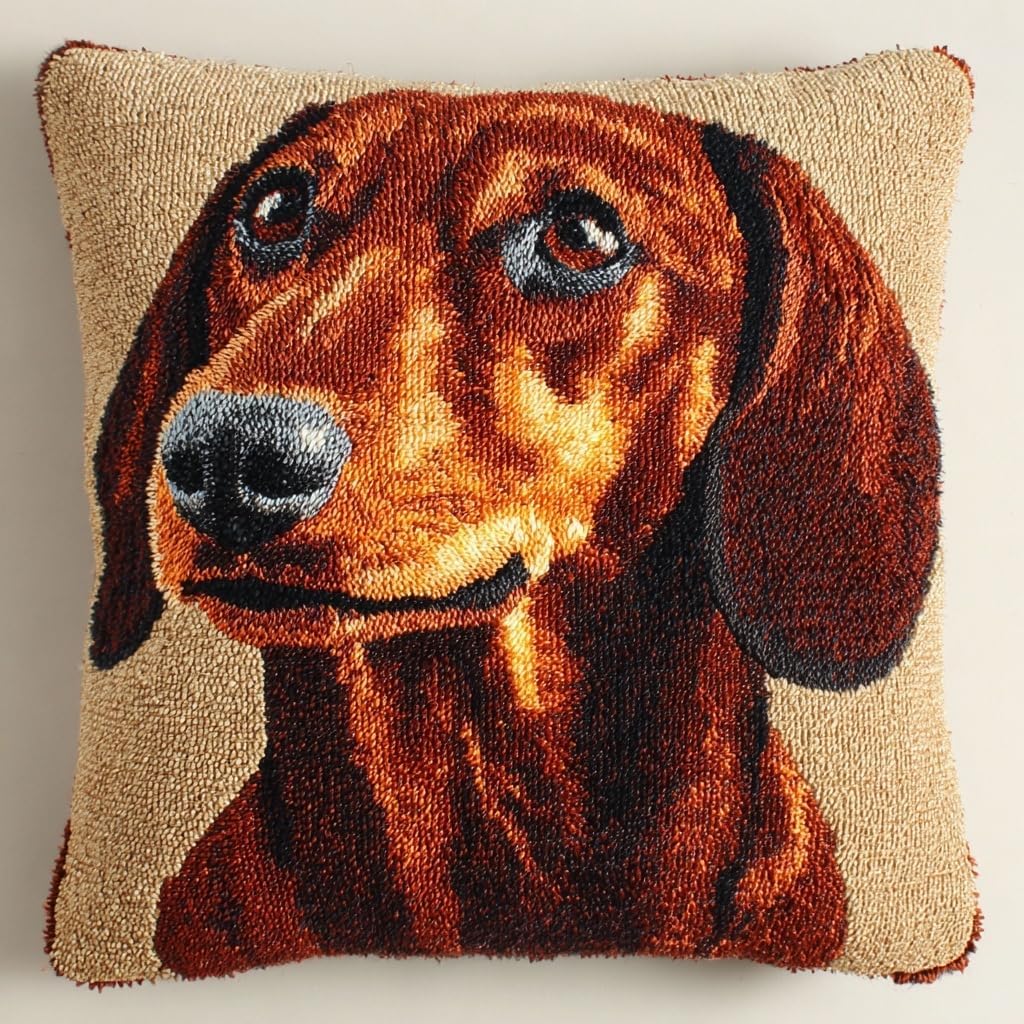 DIY Latch Hook Pillow Kit Brown Dachshund Dog Portrait Easy for Beginners Color-Stamped Canvas Cushion 43x43cm Sofa Bedroom Decor Craft-1