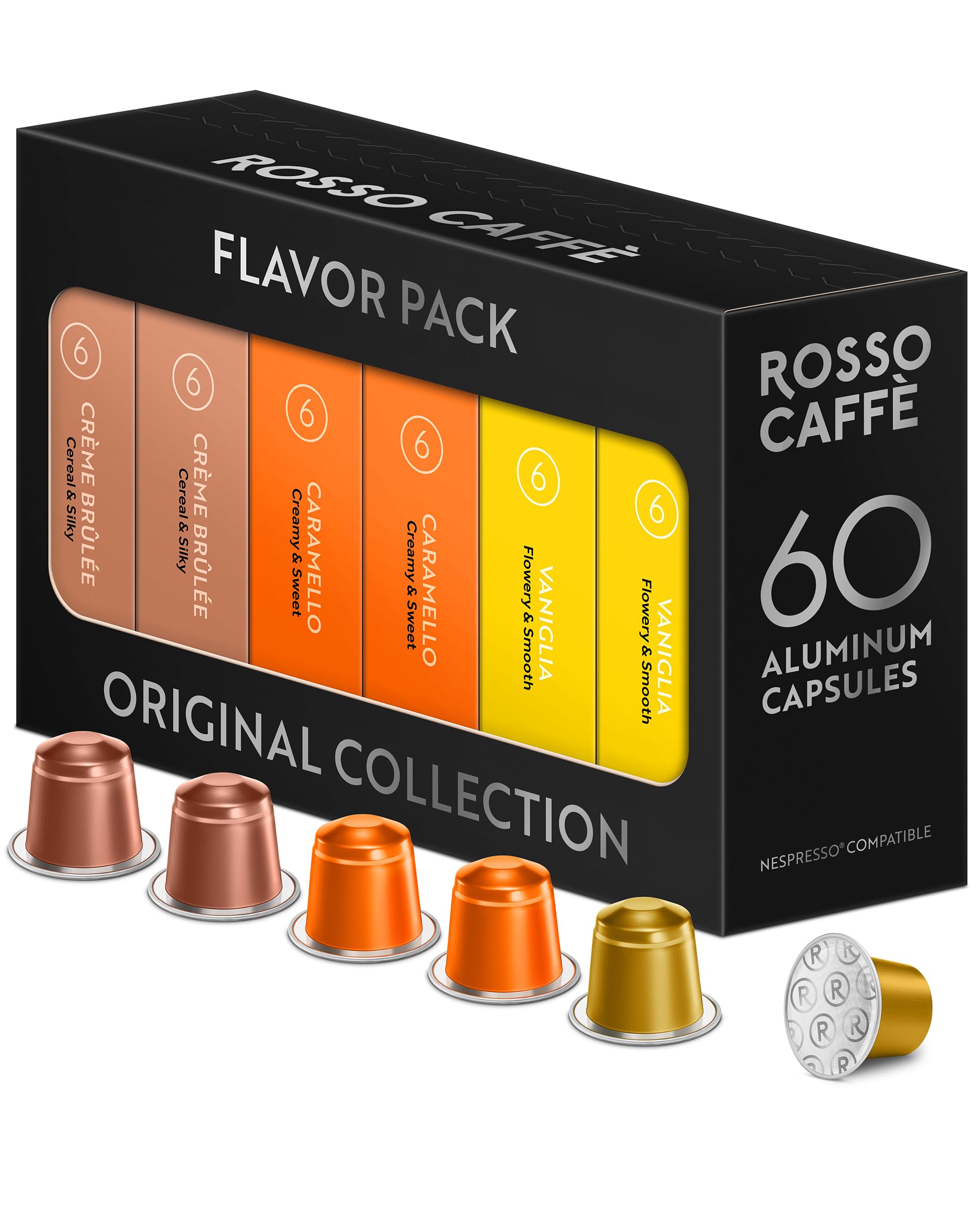 ROSSO CAFFÈ 60 Nespresso Machine Compatible Capsules, Flavour Pack (Vanilla, Caramel & Creme Brulee), Aluminium Coffee Pods, Compatible with Original Machines