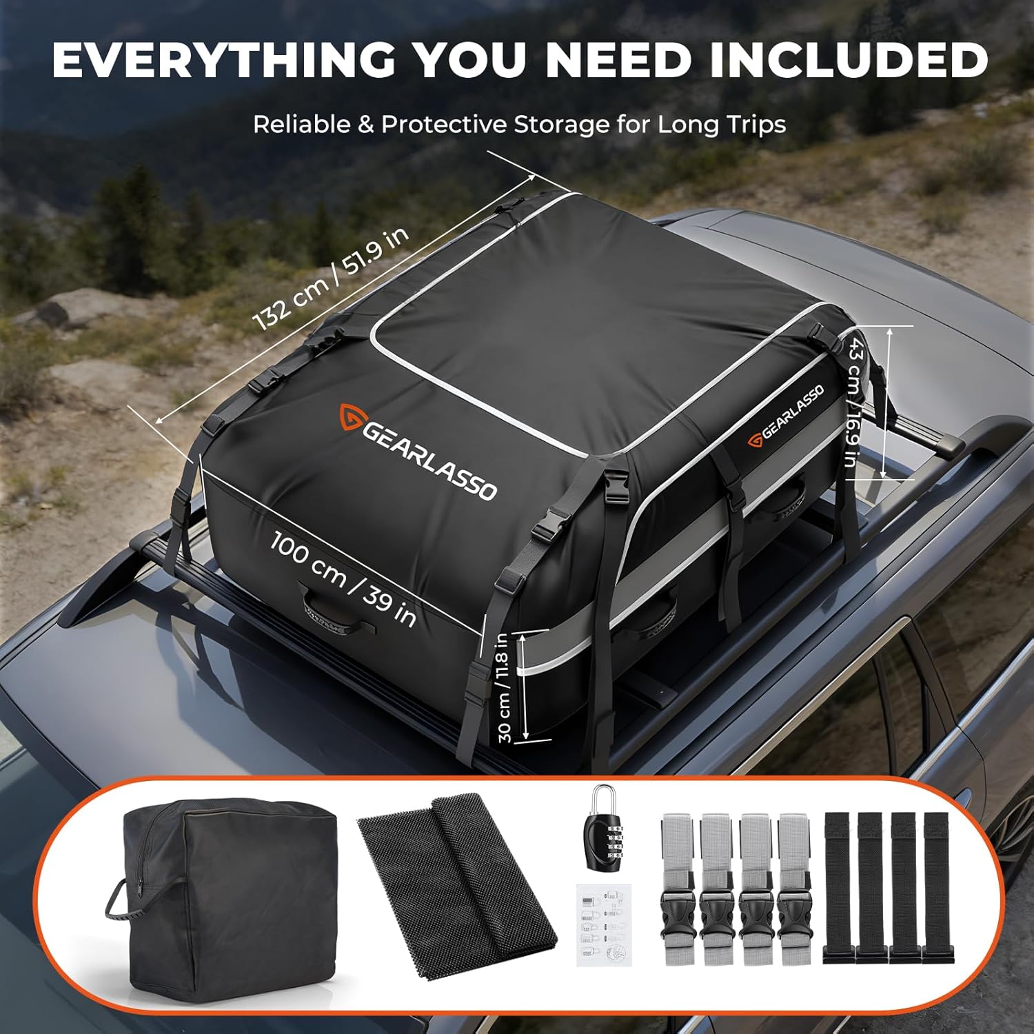 Car Roof Bag 21 Cubic Feet, Waterproof Rooftop Cargo Bag for Cars SUVs & Vans, 840D Heavy-Duty PVC, Universal Fit with or Without Roof Rack- Anti-Slip Mat，Combination Lock，6 Door Hooks，4 Extra Straps