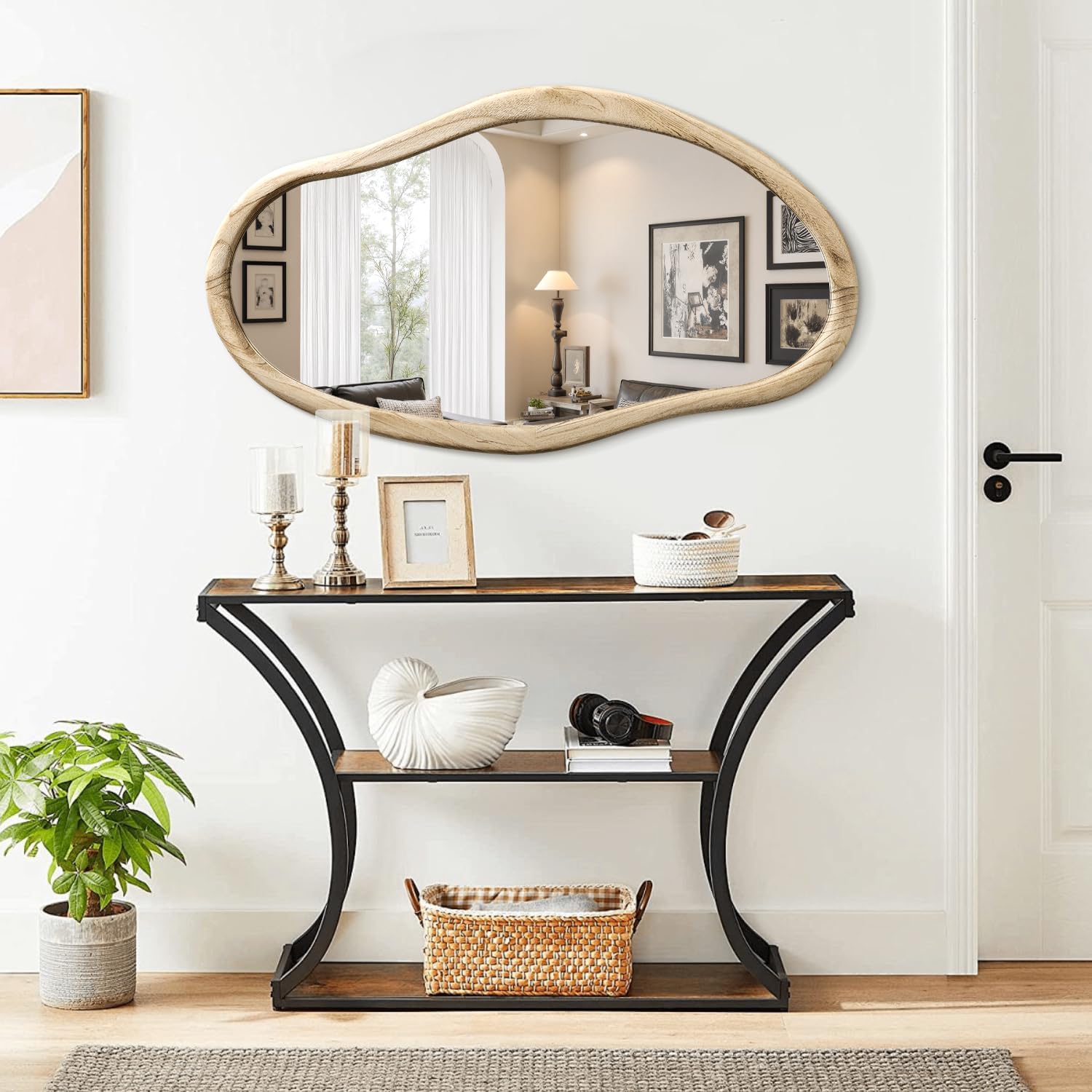 JJUUYOU Espejo de madera irregular asimétrico para montar en la pared del baño 90x60 cm Espejo grande horizontal o vertical para colgar en la pared para maquillaje, dormitorio, sala de estar, de