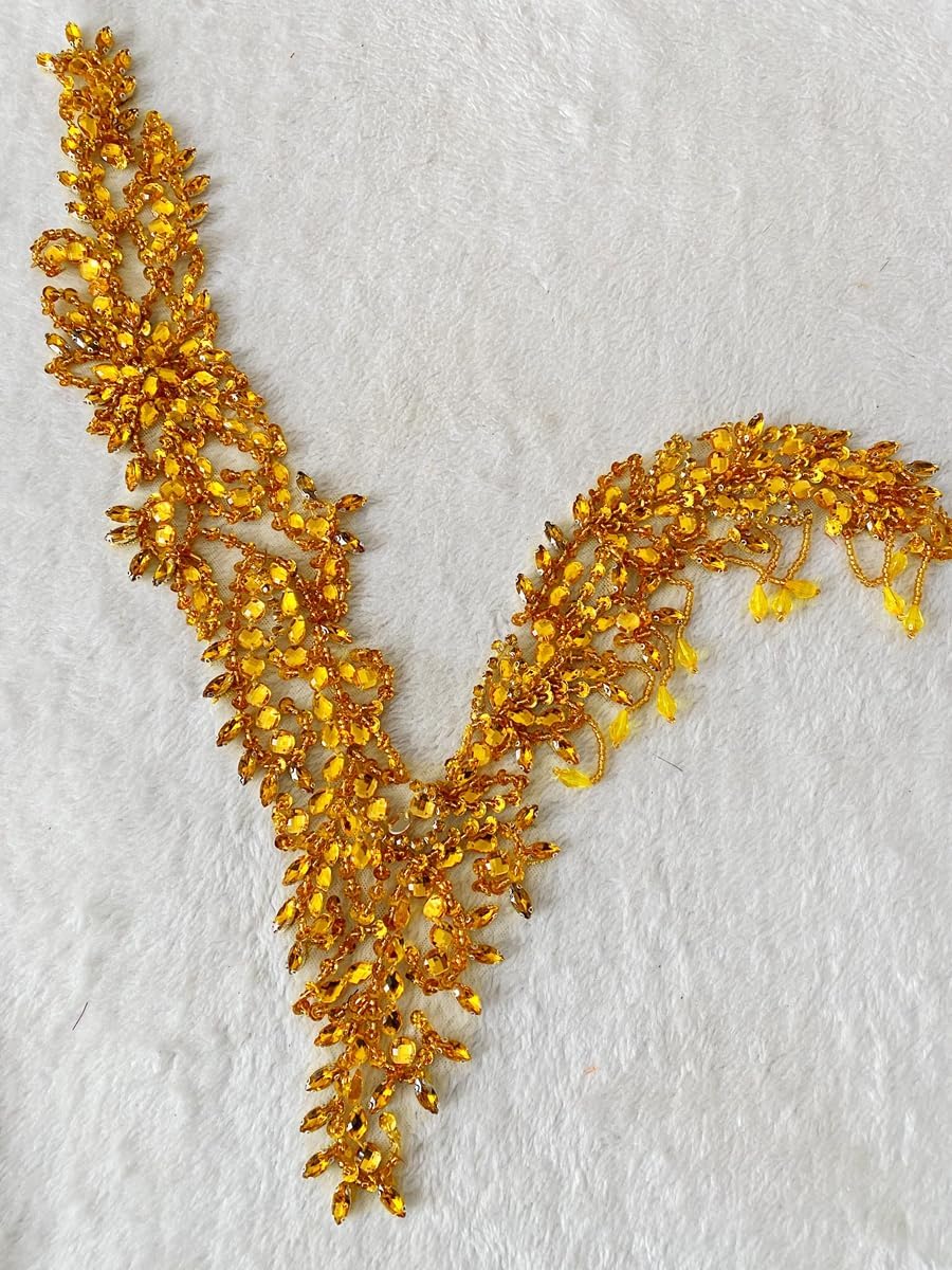 Unique Design handsewing Beads Applique sew on Rhinestones Crystal Sequins Tassel Patches Trimming for One-Shoulder Dress Shining Decoration Accessories 20X9.4 inches (Gold)