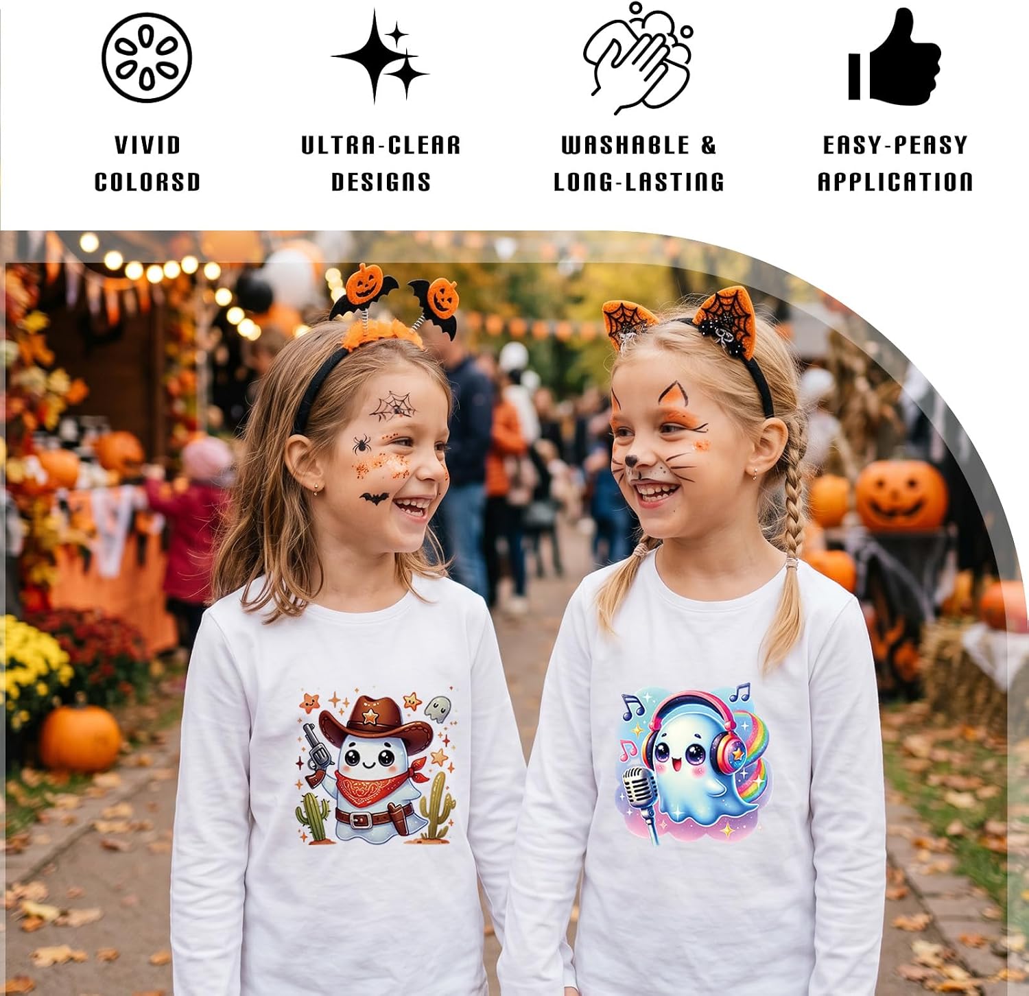 Dazoratix Halloween Iron on Transfers - 30 Sheets Cute Funny Ghosts DTF Transfer Ready to Press Onesie Bodysuit Decorating Kit Making Heat Patches Stickers for Shower T-Shirt Clothing Bibs DIY Crafts image 4