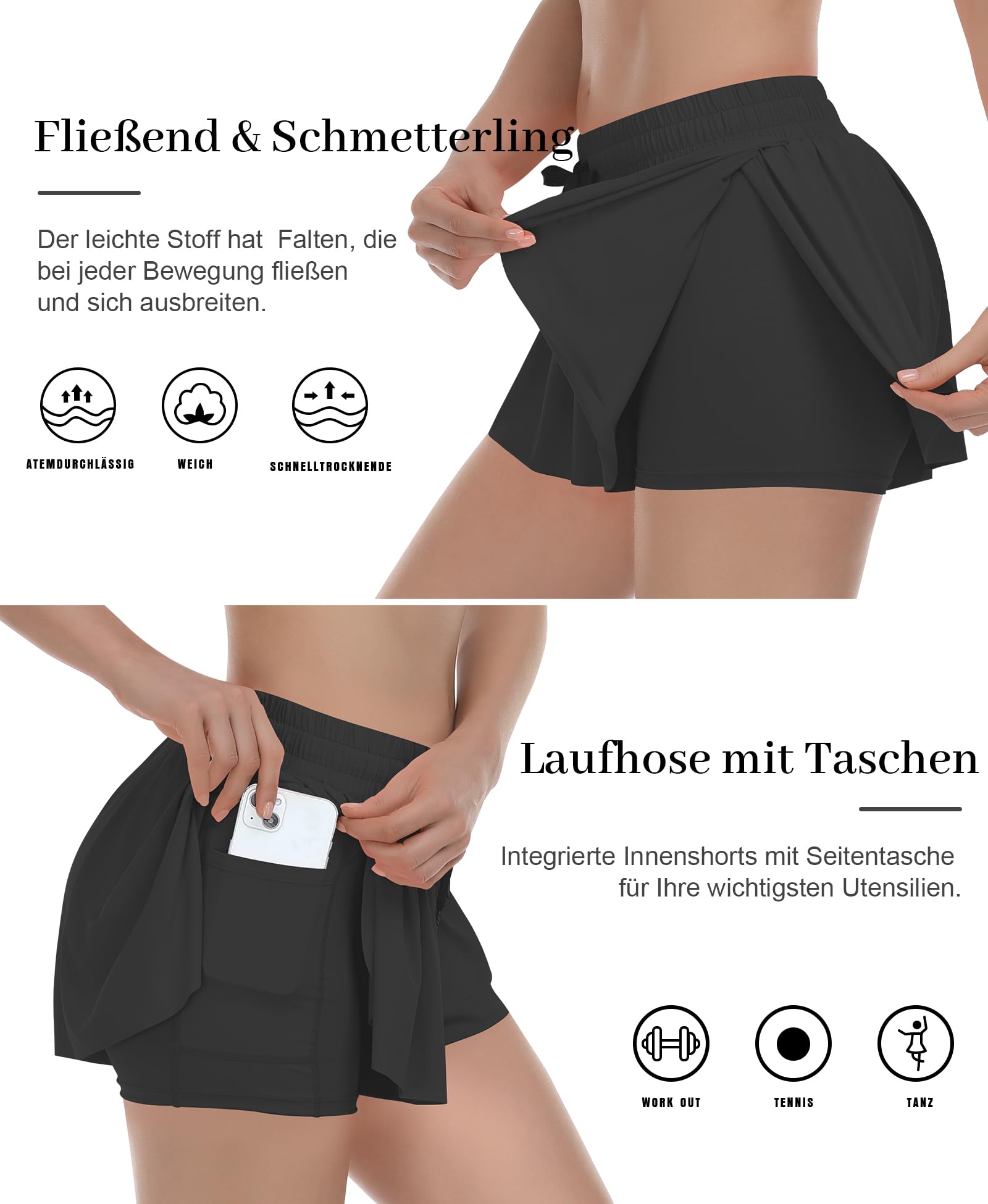 JoyGirl Short de Sport 2 en 1 pour Femme - Séchage Rapide - Short de Course - Gym - Yoga - Tennis - Jogging - Short d'été avec Poches
