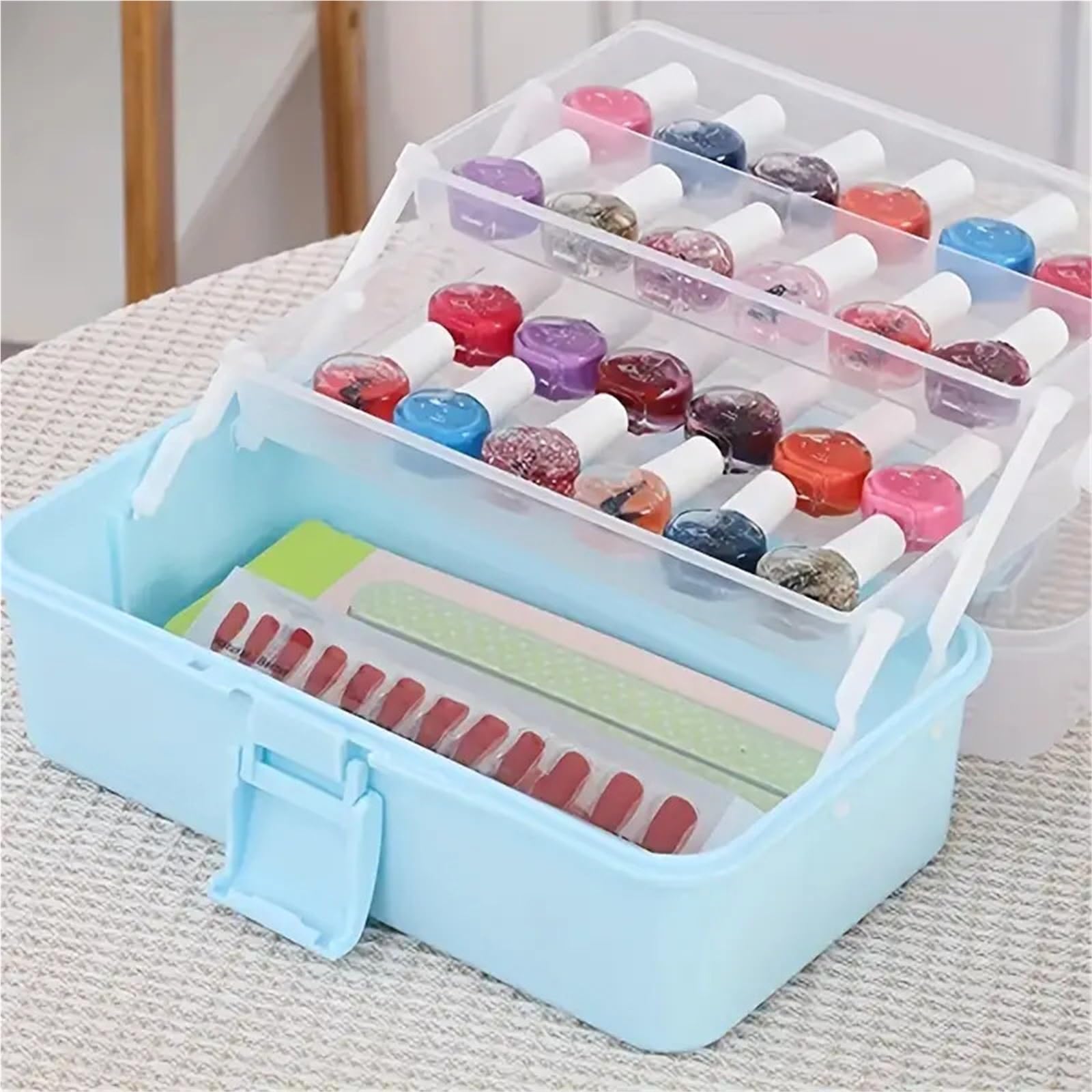 Scatola da cucito portaoggetti in plastica a tre strati for arti e mestieri, Cassetta degli attrezzi pieghevole, for opere d'arte varie(White)