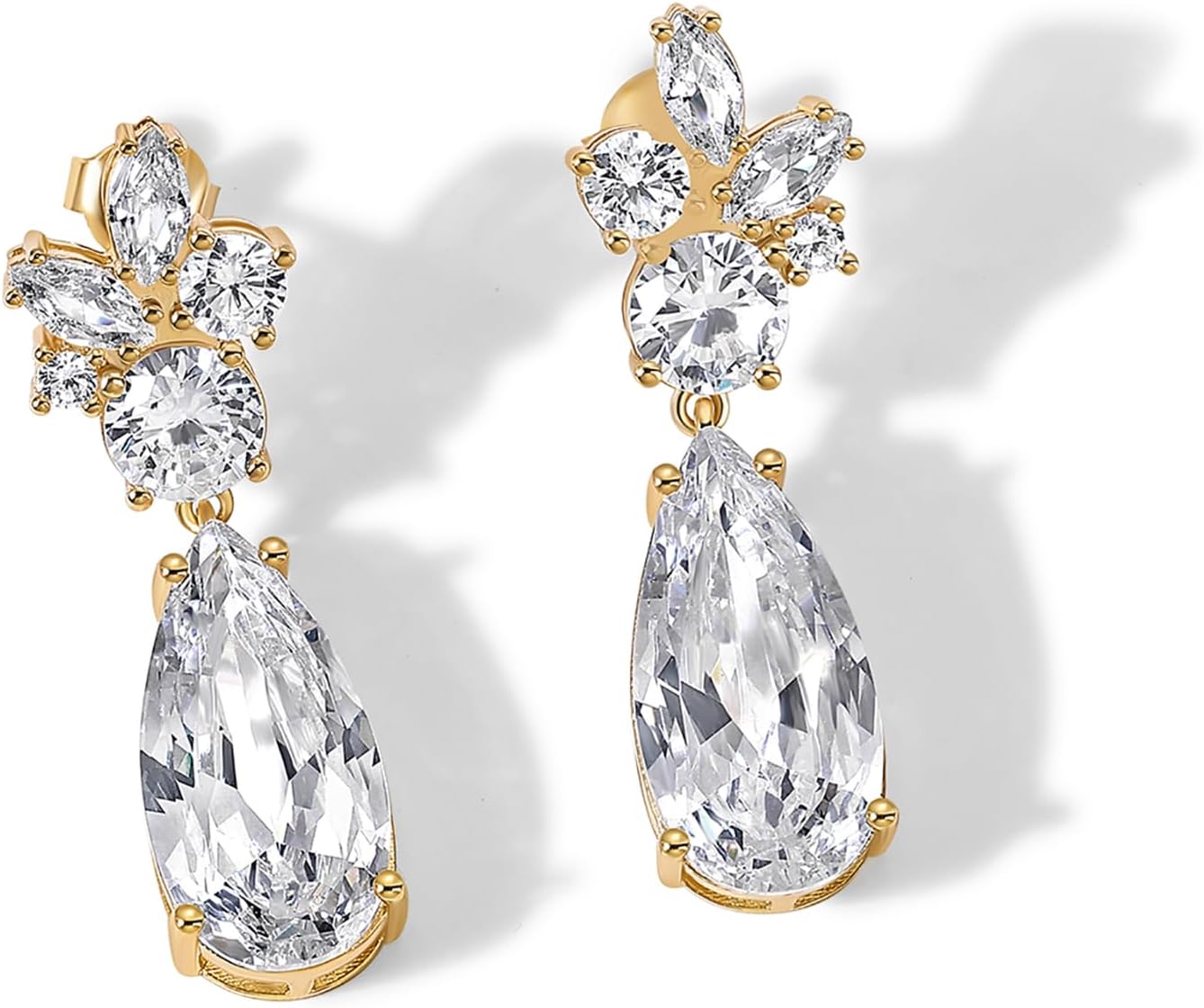 PAVOI 14K Gold Plated Cubic Zirconia Dangle Earrings for Women - Crystal Long Linear Bridal Drop Earrings - Cluster CZ Pearl Simulated Diamond Drop Dangle Wedding Jewelry for Brides & Bridesmaid - Image 3