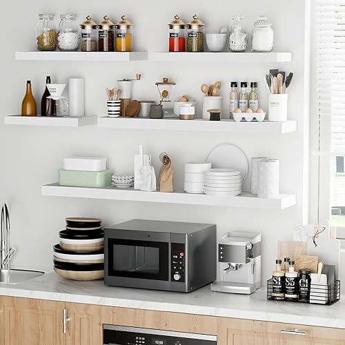 Miniatura 2 de Fun Memories Estantes flotantes de 16 pulgadas  Estantes de pared de madera de color blanco rústico profundo  Estante de almacenamiento para pared