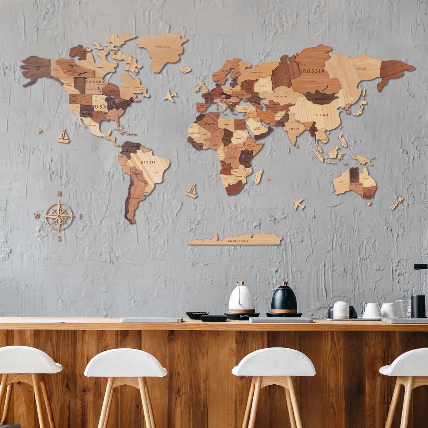 Handiwoo Mapa del mundo de madera 3D, mapa del mundo de madera, arte de pared de madera multicapa, idea de regalo de inauguración de la casa, mapa de viaje de madera grande para decoración del hogar y