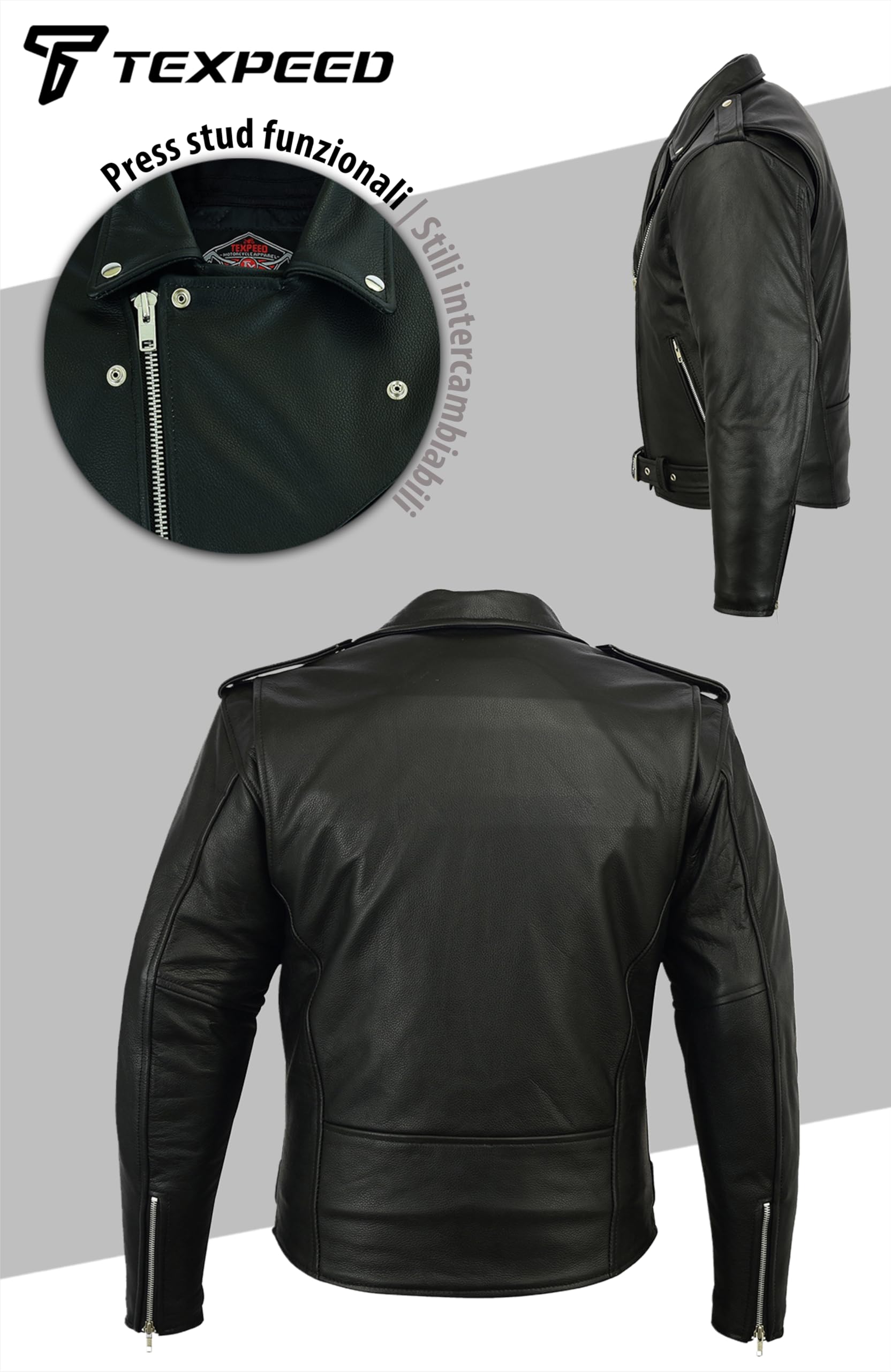 Texpeed Giacca Brando moto uomo pelle con protezioni - Giubbotto Perfect Marlon Brando retro chopper - Con protezione biker vero armatura CE (EN 1621-1) Nero - XL