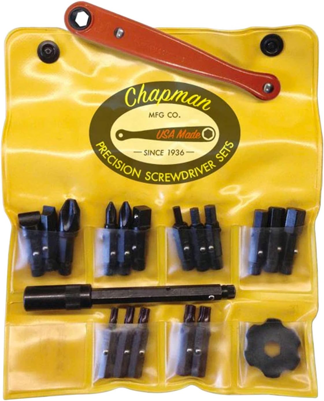 Chapman MFG 1903H American Motorcycle Screwdriver Set - 22 Pieces - Includes SAE Allen Hex, Slotted, Phillips & Star Insert Bits + Mini Ratchet Hand Tool, Complete Set Offers 17 USA Made Insert Bits