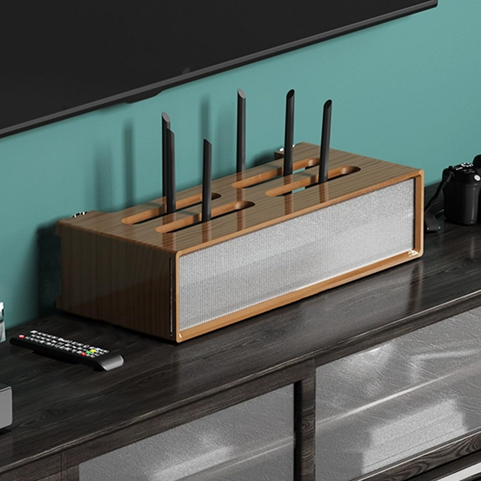 Router Regal aus Holz mit Schiebetür aus Acryl für WLAN-Router für Wohnzimmer, Schlafzimmer, Flur, Braun, 55,3 x 23 x 20 cm, stilvolle und funktionale Lösung