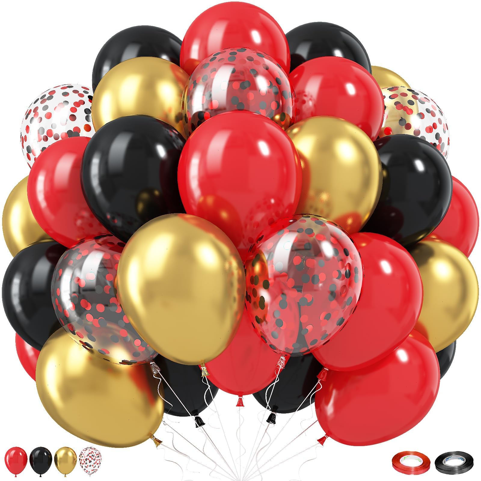 Rote und schwarze Luftballons, 60 Stück 30,5 cm schwarz rot Ballon-Set mit metallischem Chrom Gold Rot Schwarz Konfetti Ballon Latex Helium Party Ballons für Abschlussfeier Geburtstag Hochzeit