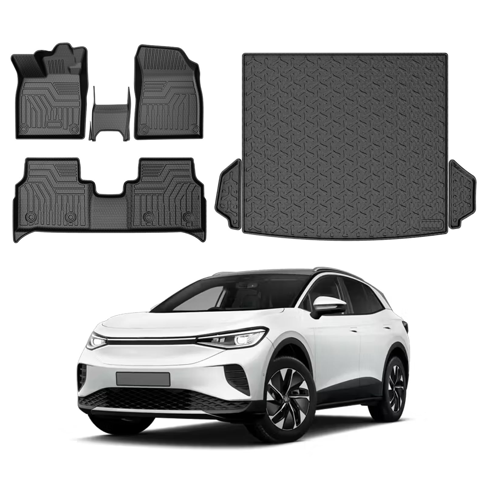 Mixsuper Custom Fit Floor Mats & Cargo Liner for 2021-2023 Volkswagen ID.4 VW ID4 All Weather 2 Row Floor Liners and Trunk Mat Set Black