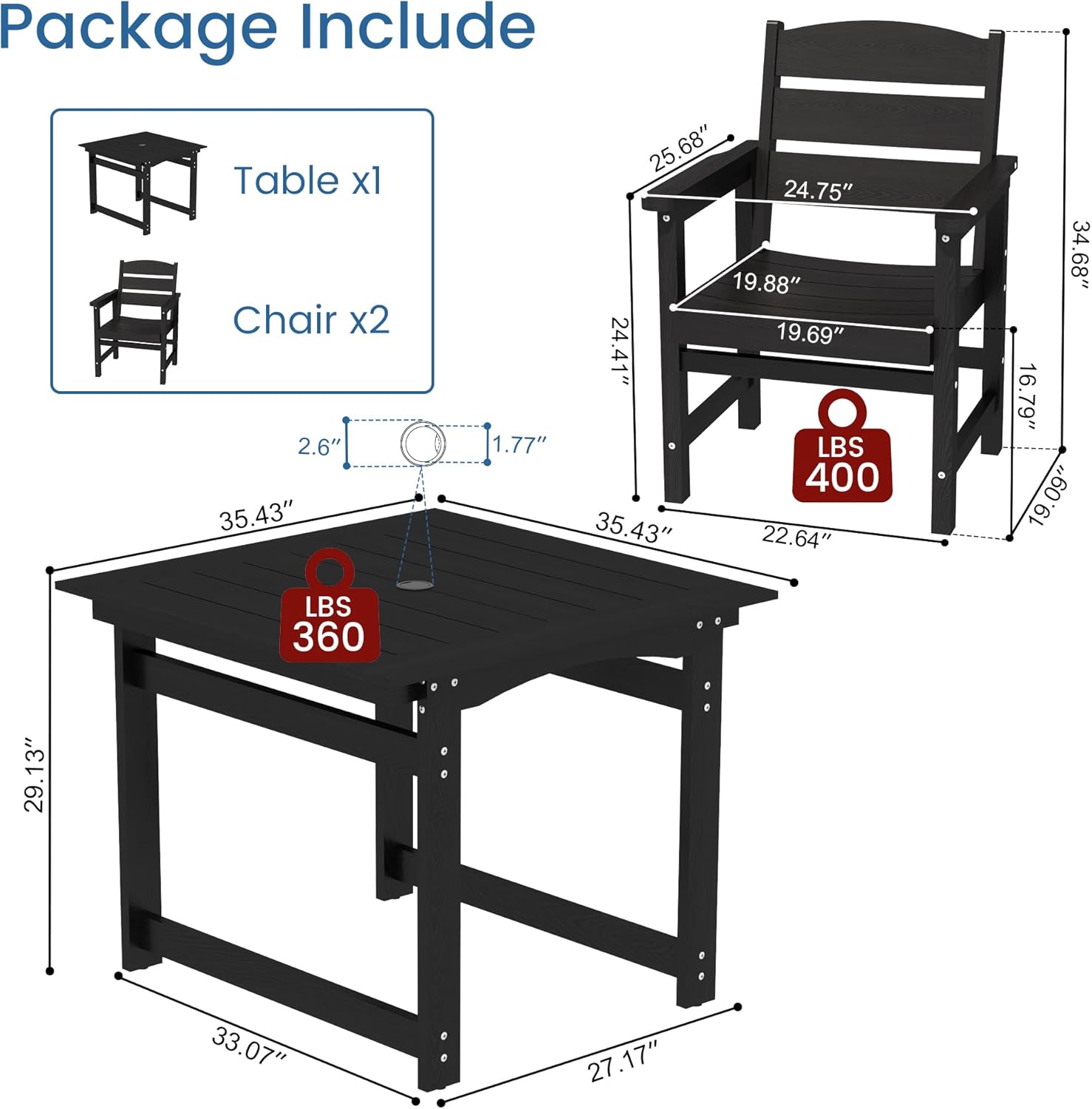 HIPS All-Weather Patio Dining Table Sets 3-Piece,Outdoor Table and Chairs,Dining Furniture Set with Umbrella Hole,Patio Table and Chairs Sets for 2|for Lawn, Garden, Backyard, Poolside