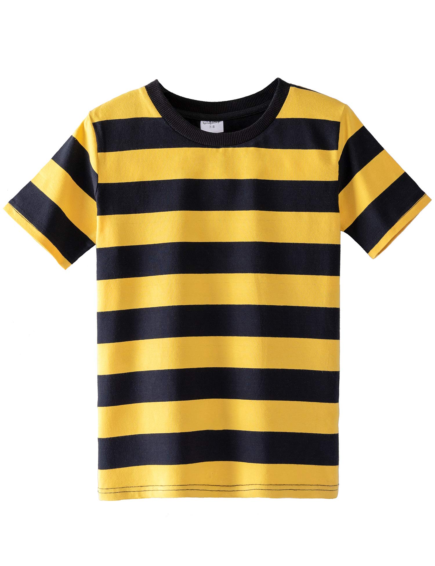 Spring&Gege Boys' Short Sleeve Striped T-Shirt Cotton Crew Neck Tees, Black and Yellow, 9-10 Years