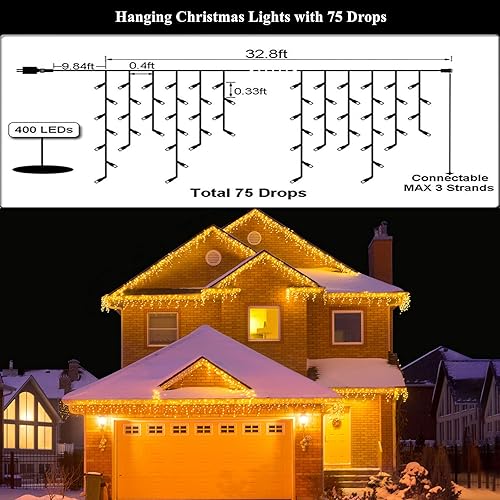 Miniatura 4 de KiflyTooin Luces LED de Navidad para exteriores, decoraciones de Navidad, luces colgantes de 400 LED, 8 modos, 75 gotas, tira de luces de hadas para