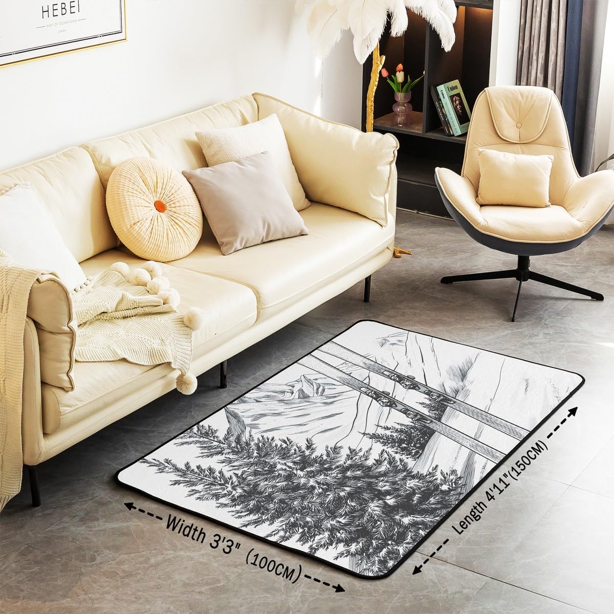 Castle Fairy Ski Sports Area Rug 3'x5',Skiing Sports Winter Scenery Non Slip Rug for Kids Teen Boys Women Men,Pine Snow Mountain Gray Sketch Indoor Floor Mat for Dining Room Backyard Decor