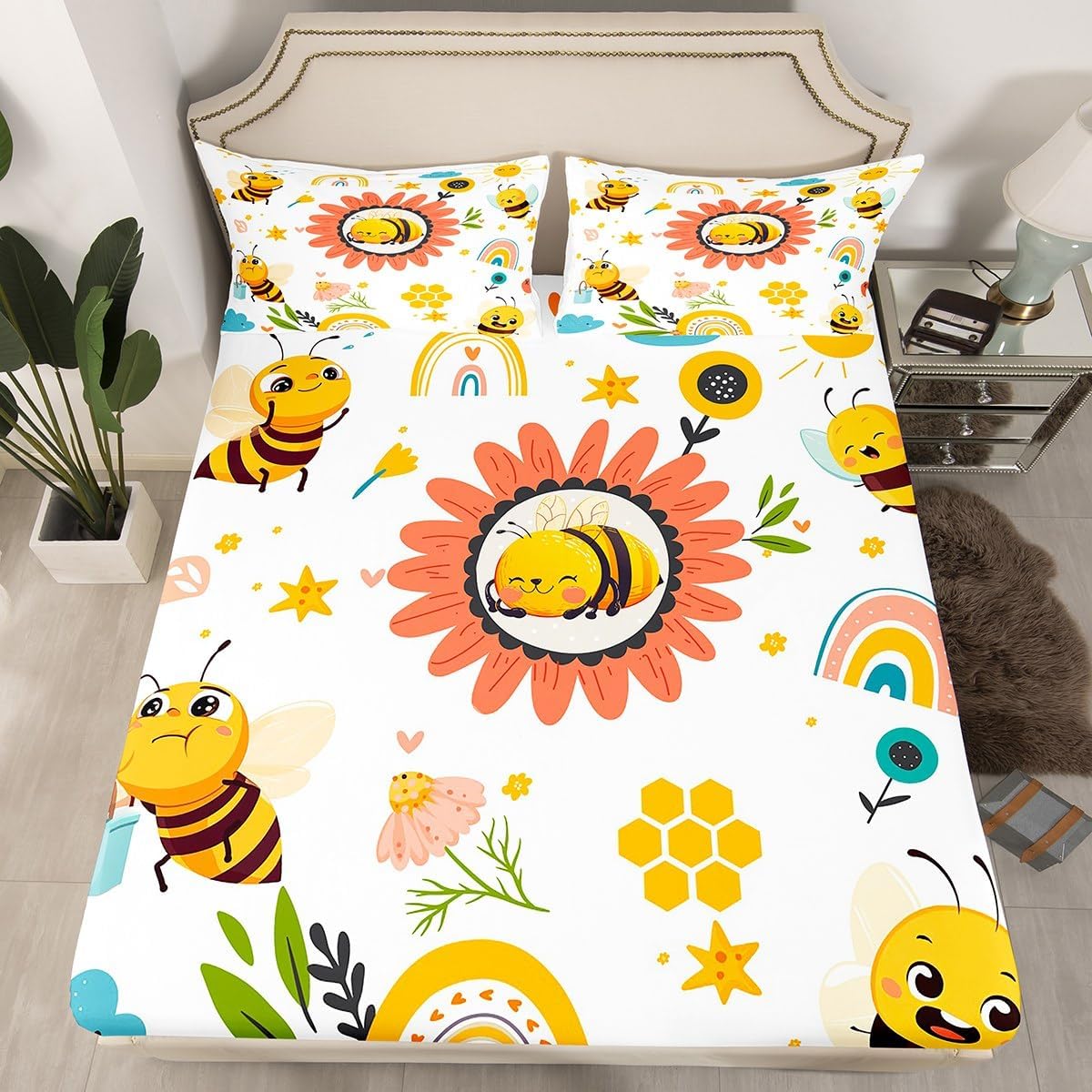 Honey Bee Bed Sheets, Colorful Floral Bedding Set Home Room Decor, Lovely Bee Calm Fitted Sheet Ultra Soft 3 Pcs with Deep Pocket, Cartoon Bee Fitted Bed Sheets with Deep Pocket, Full Size