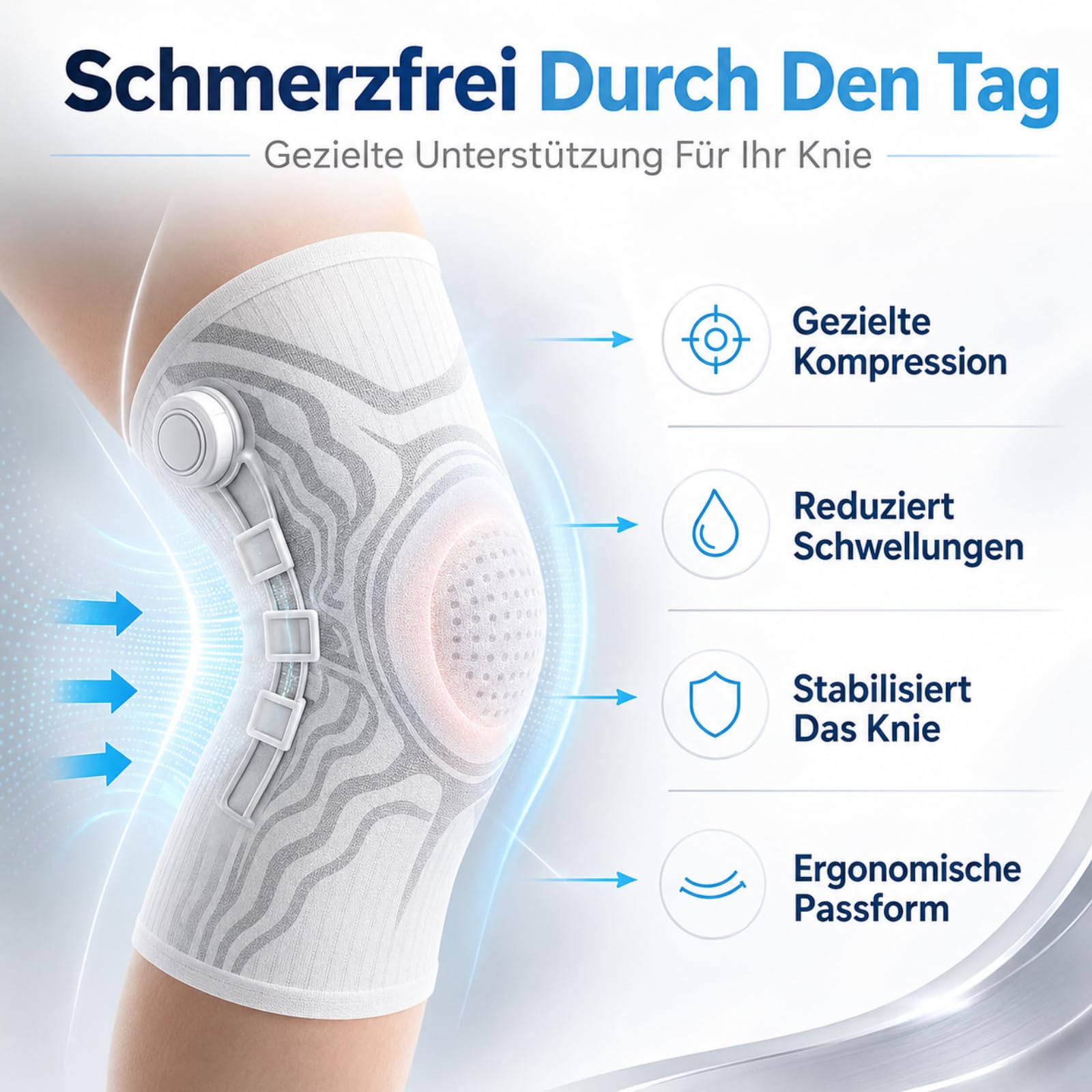 VILAO Kniebandage Mit Drehverschluss Patellarschutz 3D Kompression Rutschfest Für Alltag Arbeit Laufen Fitness Und Sport Kniebandage Männer (XL,2Weiß)