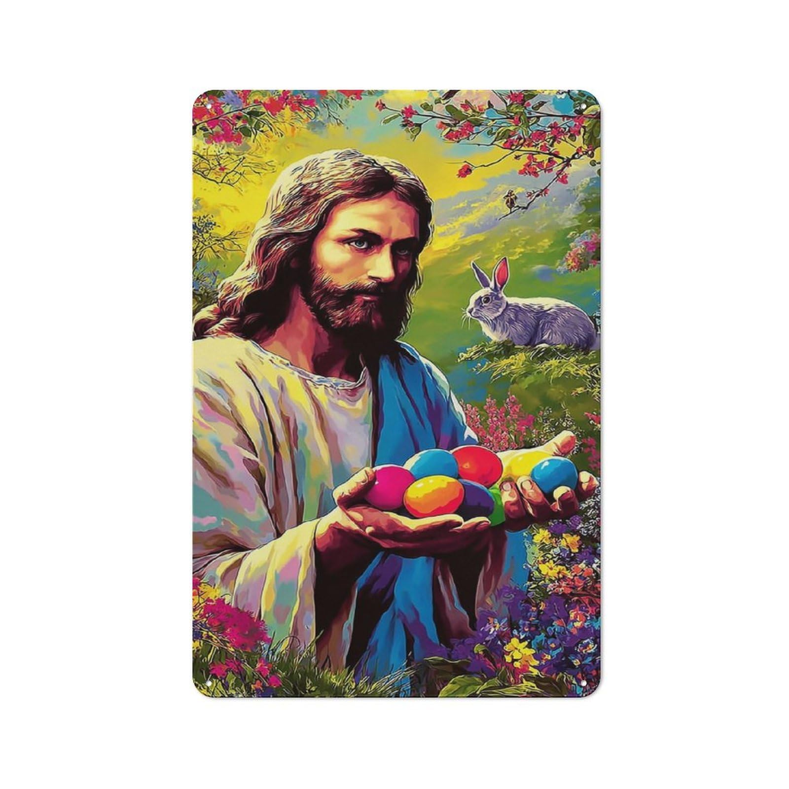 Junmoney Jesus With Easter Eggs And Bunny Tin Wall Plaque 30X20cm With For Café Or Restaurant, Suited To Restaurant Decor Fans