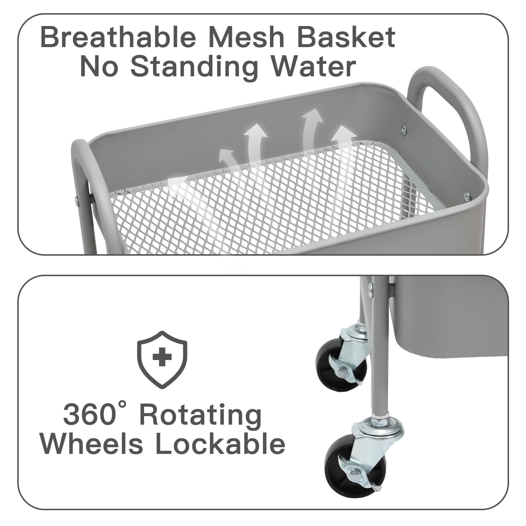 Carrello portaoggetti a 3 ripiani con ruote, in metallo resistente, per cucina, bagno, ufficio e salone di bellezza, salvaspazio, grigio