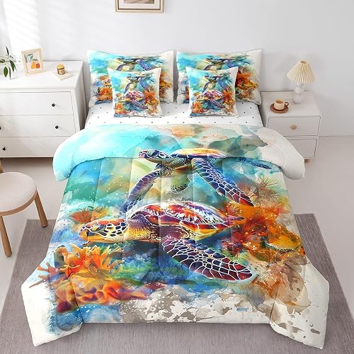 Erosebridal Comforters Twin Size Set with Sheets for Kids Sea Turtle - 7 Pieces 