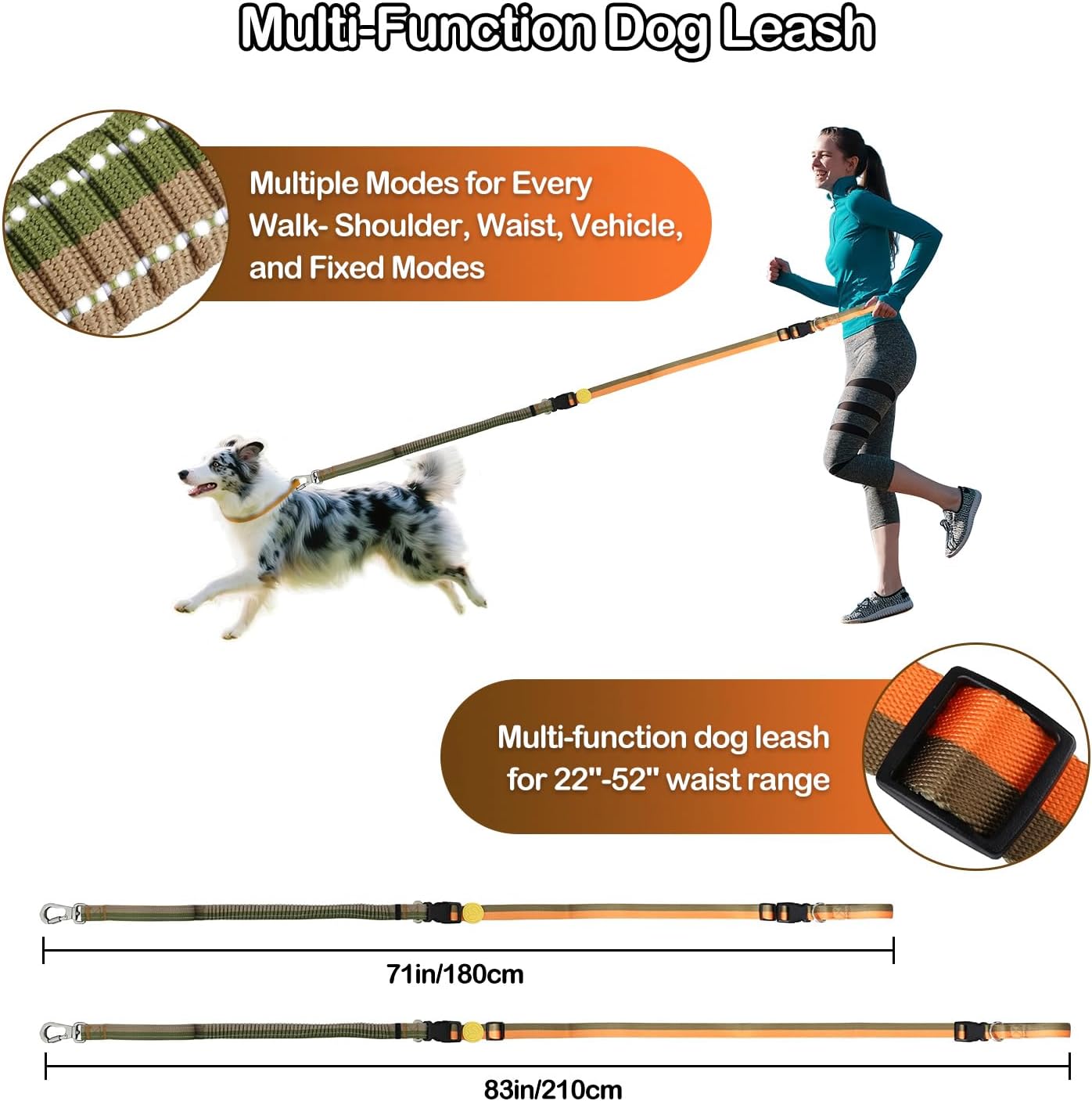 EVERKING Hands-Free Dog Leash with Waist Belt, Bungee Shock Absorbing Running Leash, Adjustable 22"-52", Reflective Night Walking, Dual Handle for Medium Large Dogs(Golden Olive)