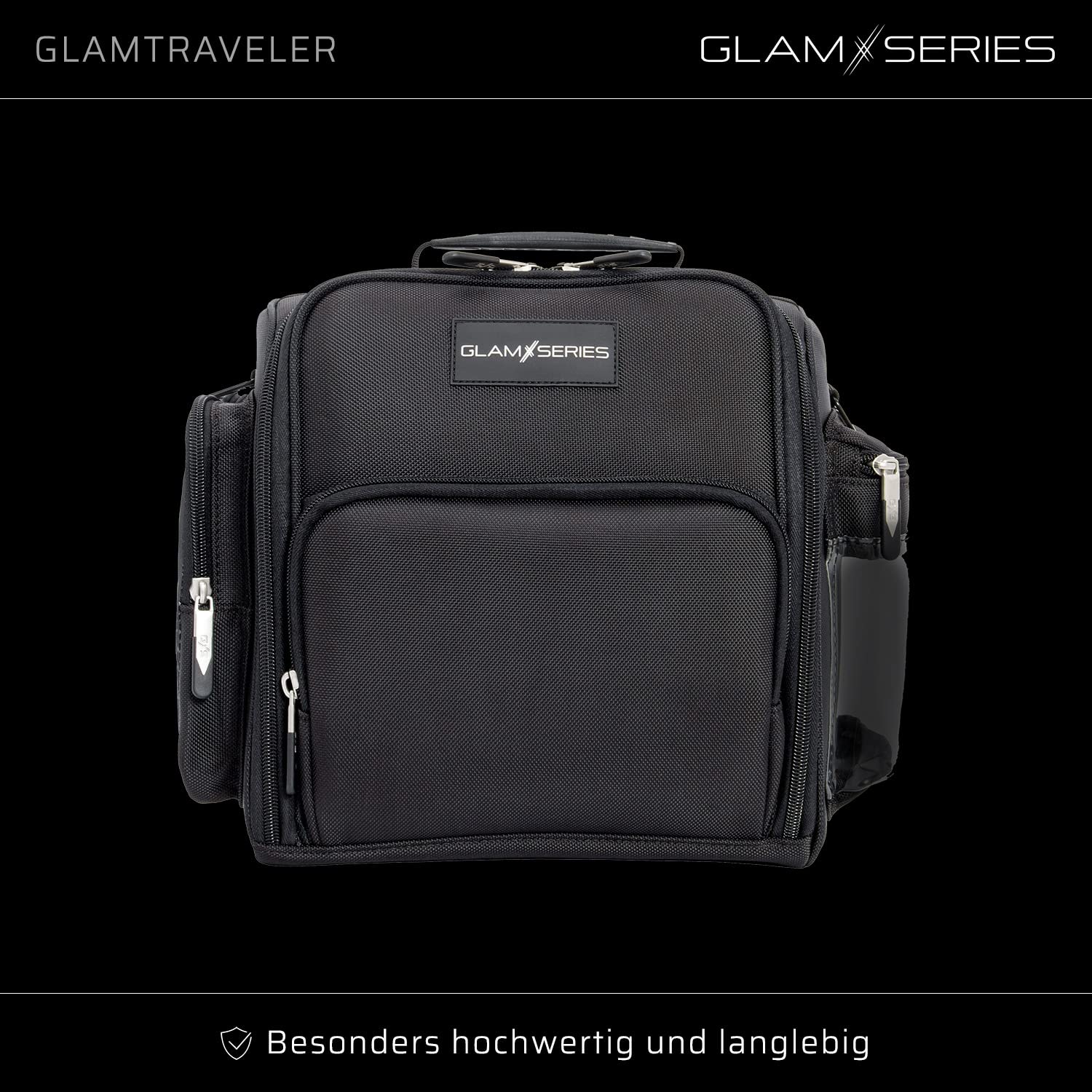 GlamTraveler Borsa porta trucchi con 3 astucci, trousse con fibbia per fissaggio a valigie, pochette da lavoro ideale per truccatori e parrucchieri