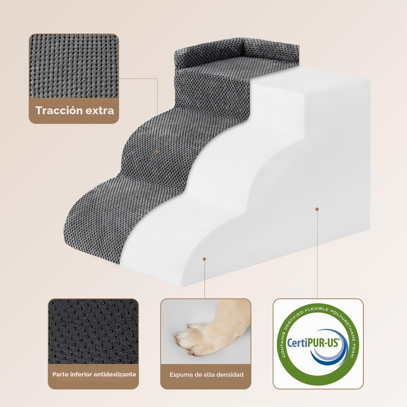 EHEYCIGA Escalera Perros 3 Peldaños, Rampa Perro para Cama y Sofá, Gris | Espuma Alta Densidad, Base Antideslizante, Funda Lavable, 40x60x35.5 cm, para Perros Pequeños y Grandes, Mascotas Mayores