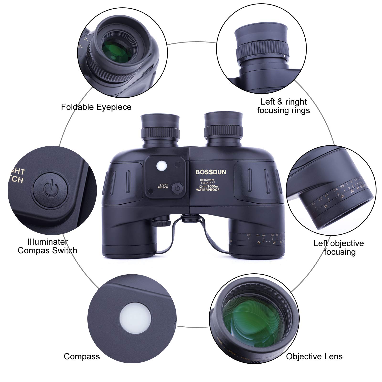10x50 Binocolo Marino per Adulti, Binocoli Militare Impermeabile con Bussola Telemetro BAK4 Prisma Lente FMC Antiappannamento per la Navigazione Birdwatching Caccia
