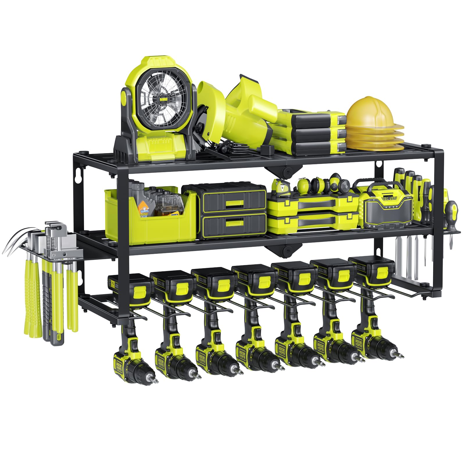 – 3 Layers Wall-Mounted Tool Rack,Heavy-Duty Large Garage Power Tool Storage,Tool Organizer with 7 Drill Holders,Suitable for Various Tools and Hardware Accessories