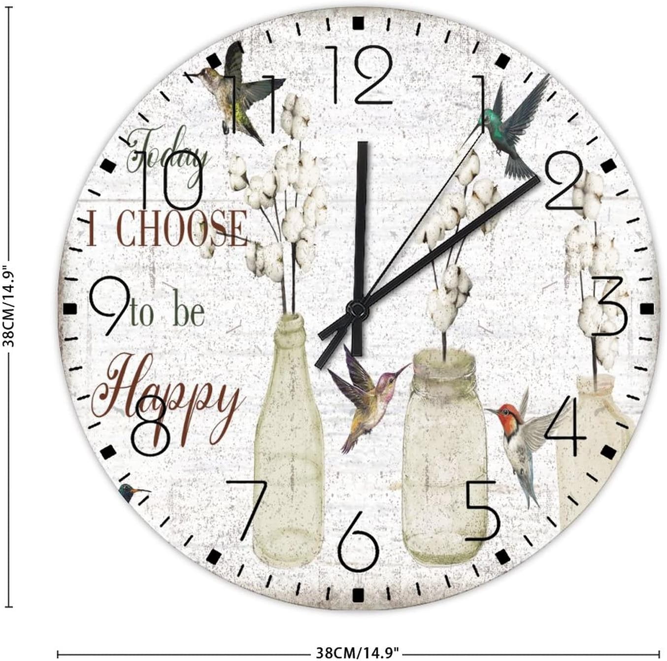 15" Wooden Wall Clock Today I Choose Be Happy Wall Decor for Bathroom Farmhouse Cotton Blooms Floral Hummingbird Wall Clocks Silent Non-Ticking Wooden Wall Clock Country for Dining Room Restaurant
