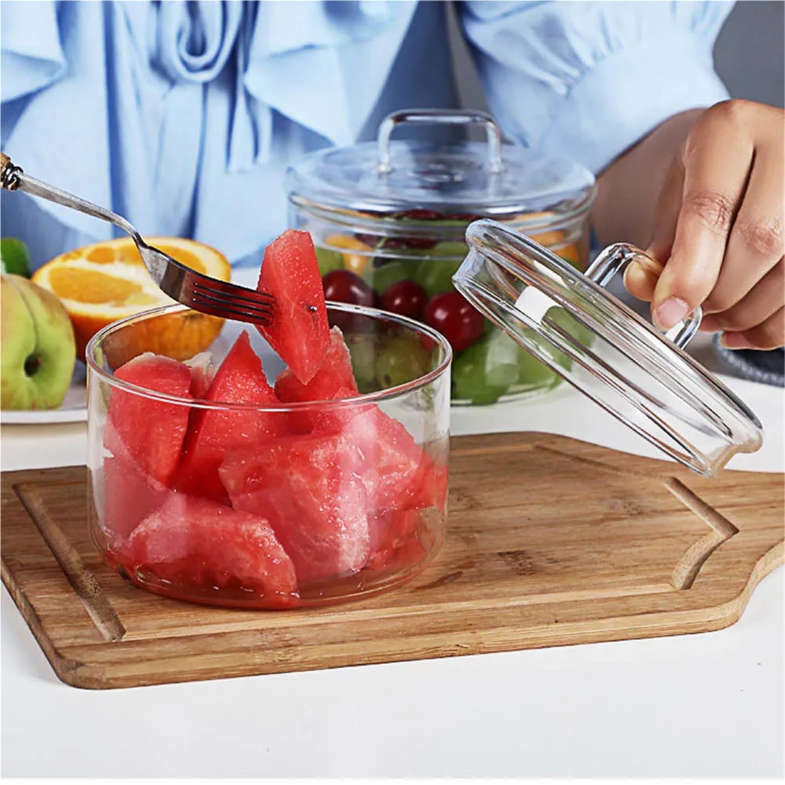 Ensaladeras Cuenco de vidrio resistente al calor con tapa Stackabe, cuencos redondos for ensalada de frutas, contenedor de almacenamiento de alimentos de cocina transparente, 2 uds. Para Cereales, Ens