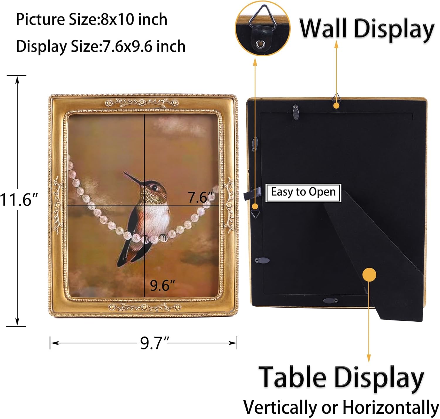 SIKOO 8x10 Vintage Picture Frame Bronze Gold Antique Picture Frame Tabletop and Wall Mount Display Floral Vintage Wall Decor Art Gallery