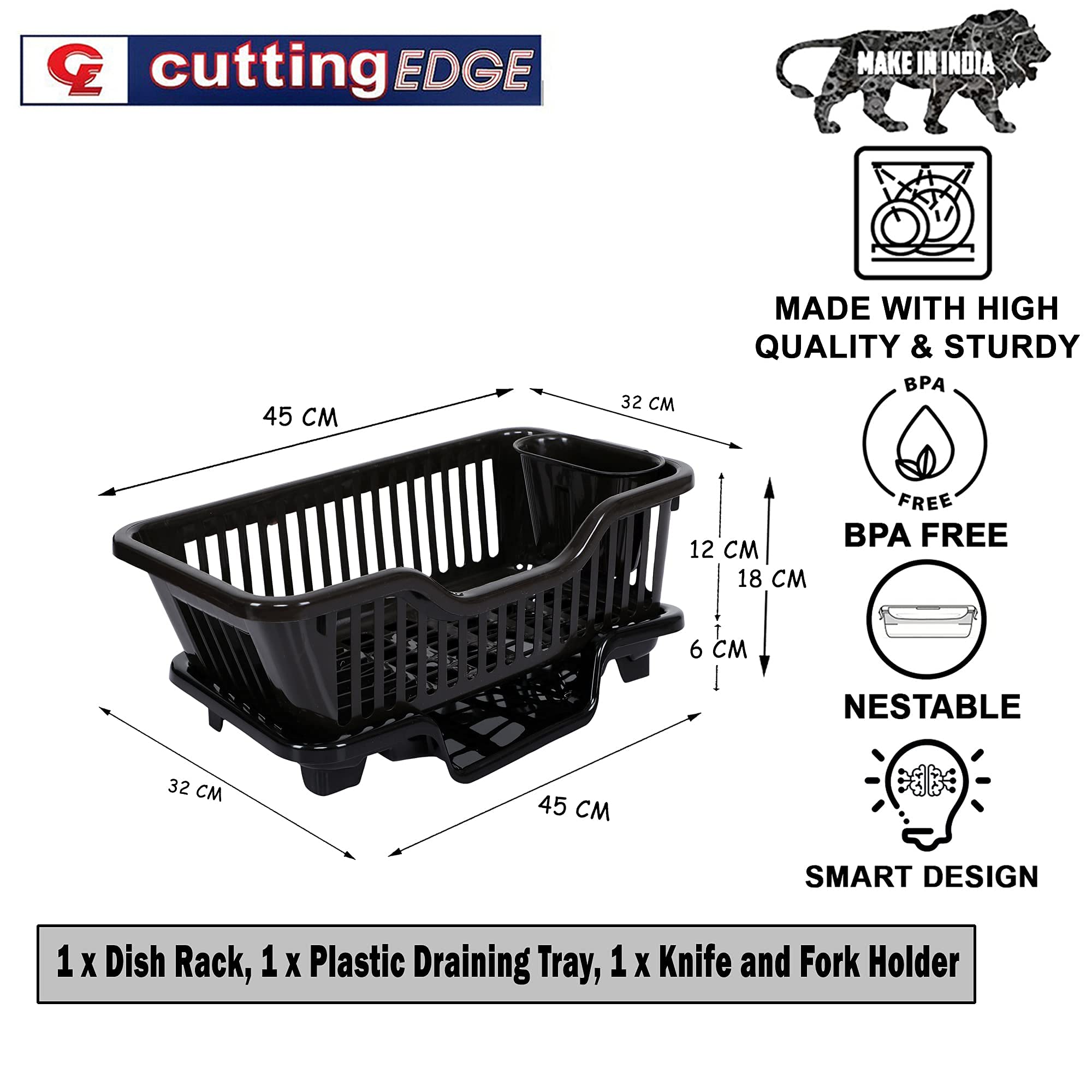 Cutting EDGE 3-in-1 Unbreakable Dish Drying Rack with Removable Drainer Tray & Spoon Holder | Heavy-Duty Kitchen Organizer Basket (Dark Brown) - Image 2 thumbnail