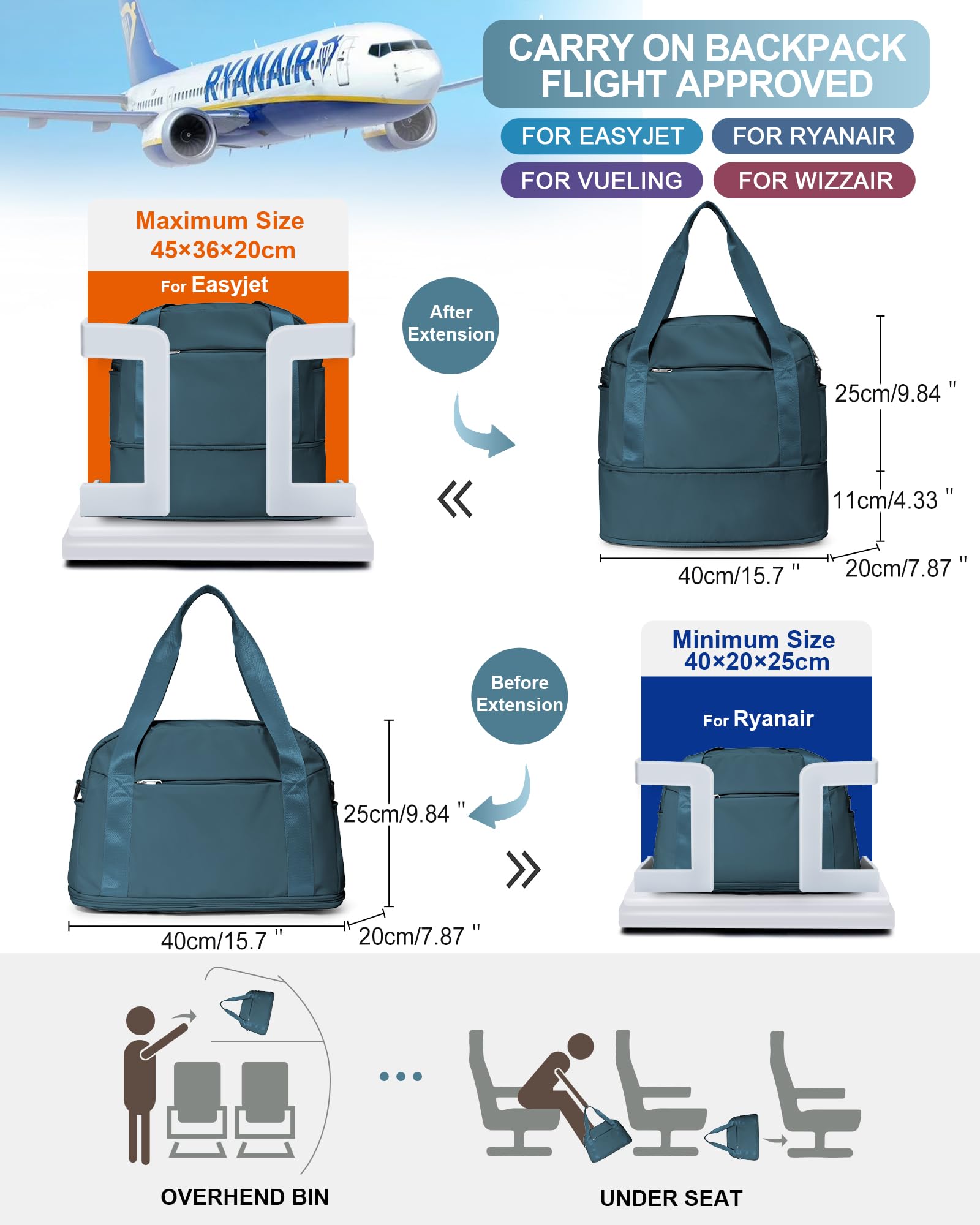 40x20x25 Ryanair Borsa da Viaggio Bagaglio a Mano Borsone da Viaggio Espandibile Borsa Palestra Borsone Palestra Valigia Borsa da Weekend Borsone Valigia Borsa a Mano,P7-Blu pavone