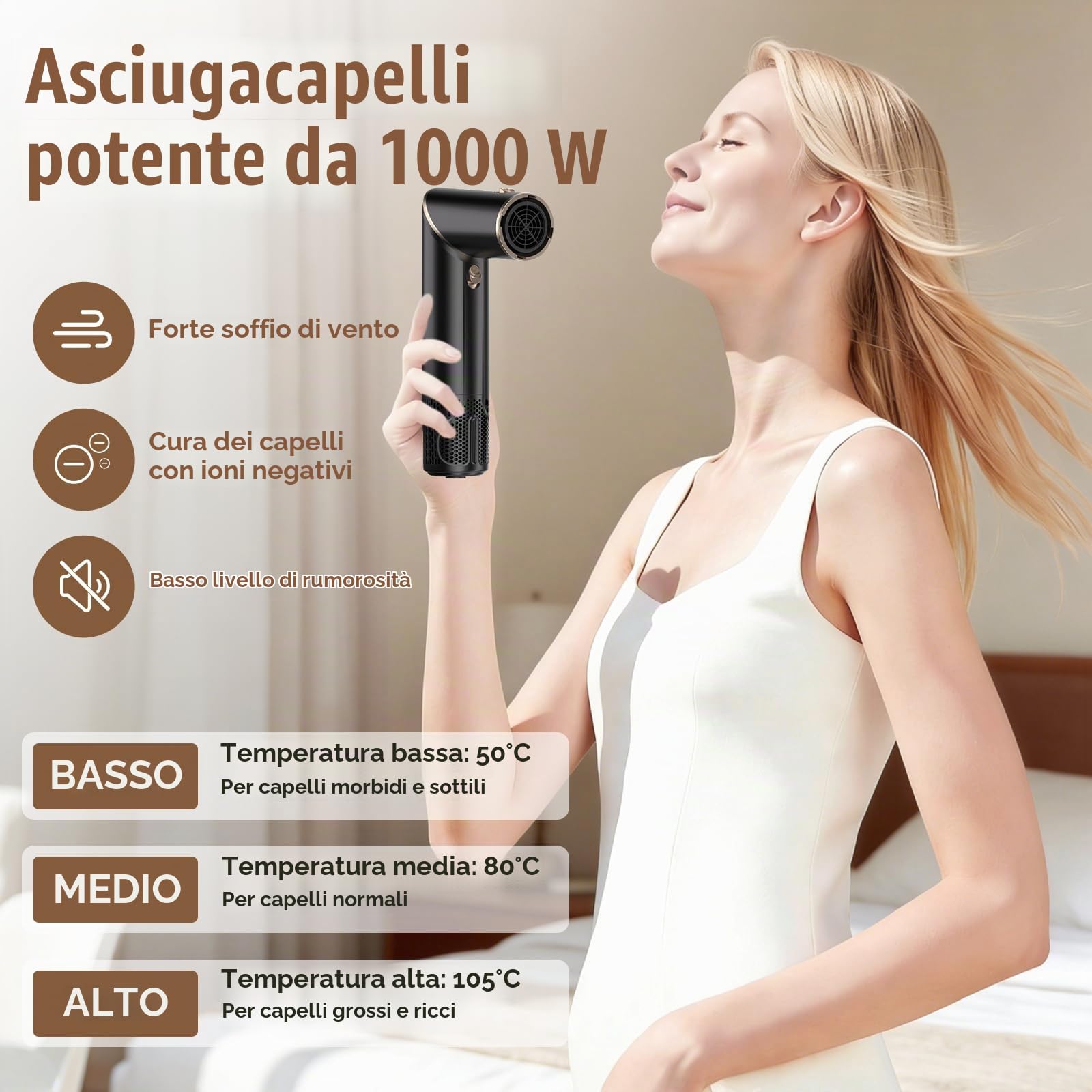 Spazzola Ad Aria Calda 1000W, Spazzola Asciugacapelli Multifunzione, Air Styler Pieghevole, Asciugacapelli, Spazzola Rotonda, 2 Ferro Arricciacapelli, 3 Temperature, per Asciugare, Lisci