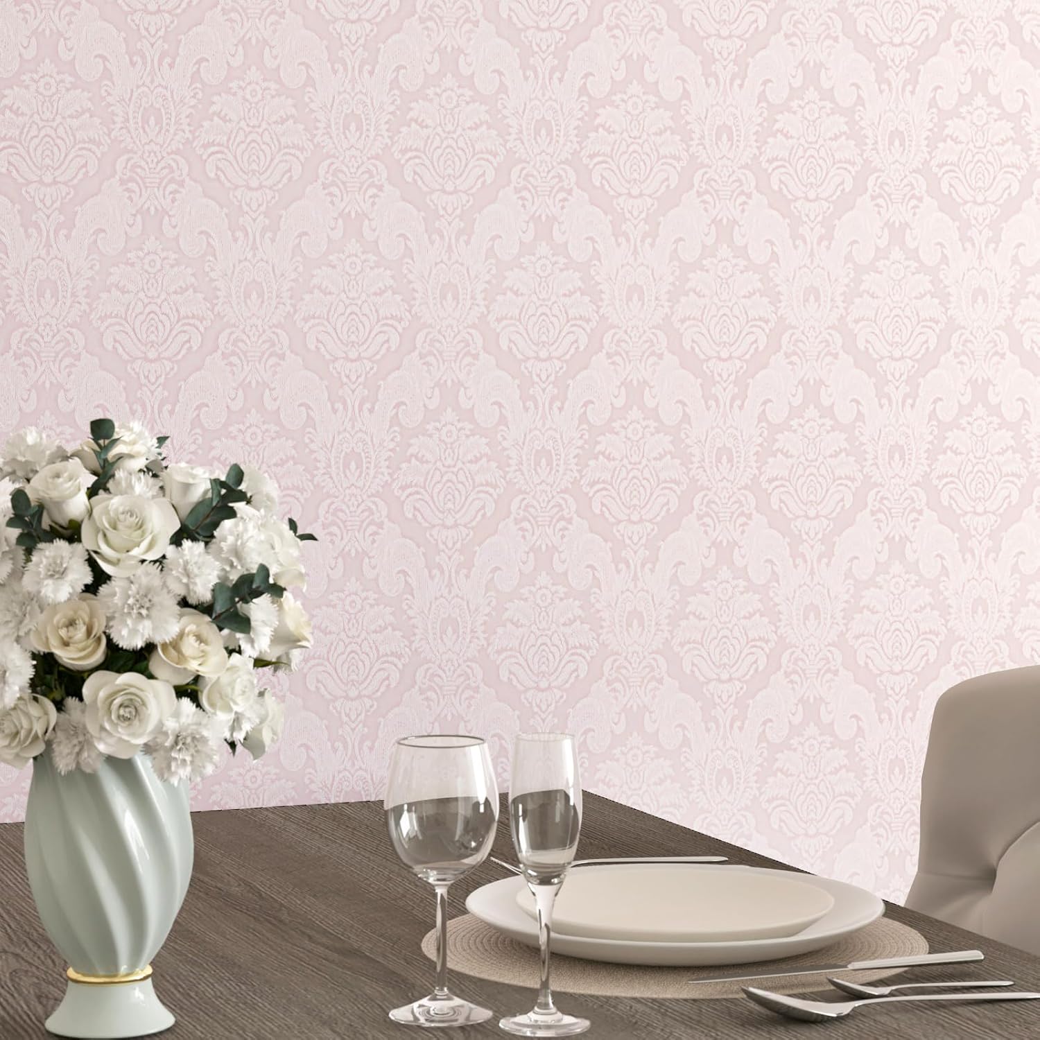 Pink Embossed Wallpaper Victorian Peel and Stick Wallpaper for Girls Room Gothic Wallpapers Princess Contact Ppaper for Cabinets and Drawers Vintage Textured Wall Paper Roll for Bedroom