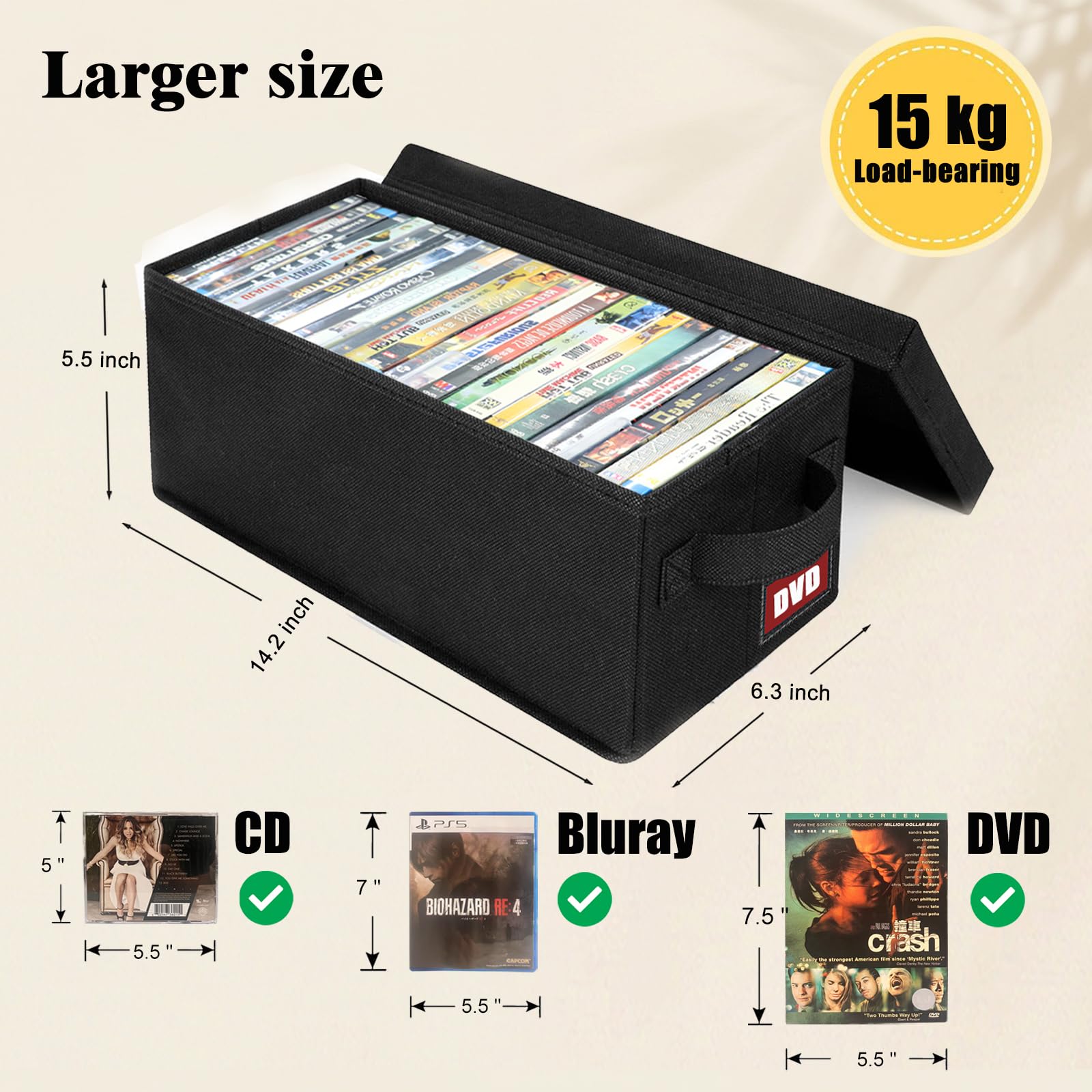 Lot de 4 boîtes de rangement pour DVD avec couvercle, empilables en tissu pouvant contenir jusqu'à 104 DVD (26 chacun), également idéales pour ranger des Blu-ray, des boîtiers de jeux vidéo