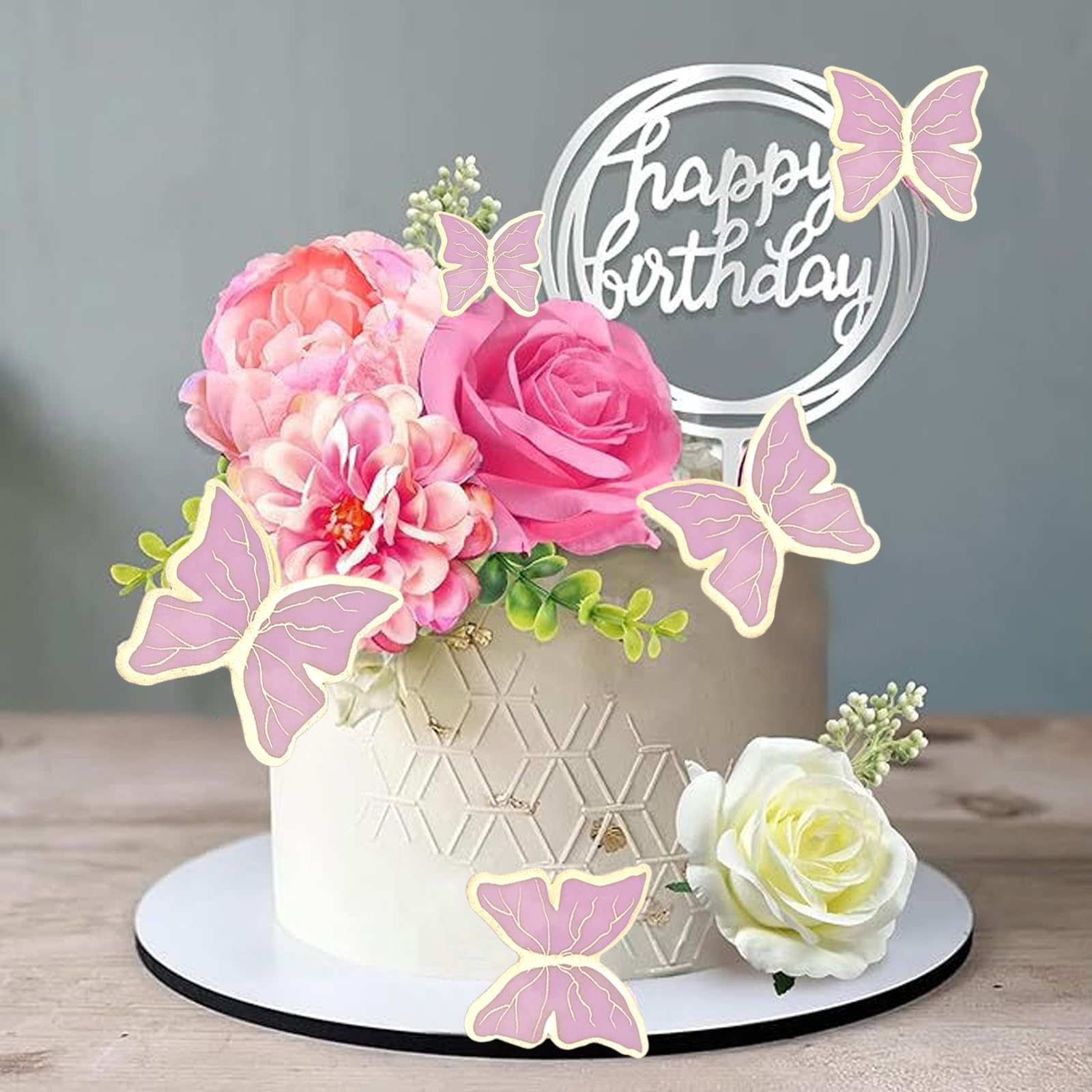 BSITSSS 14PCS Floral Cake Decorations Flowers for Cakes, Pink White Flower Cake Decorating Topper with Leaves for DIY Wedding Birthday Party